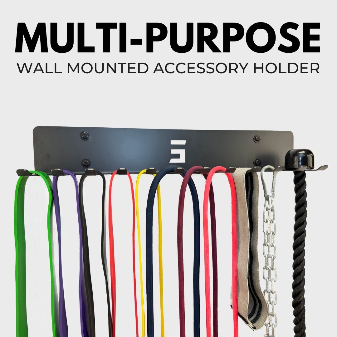 wall mount accessory hanger storing exercise equipment