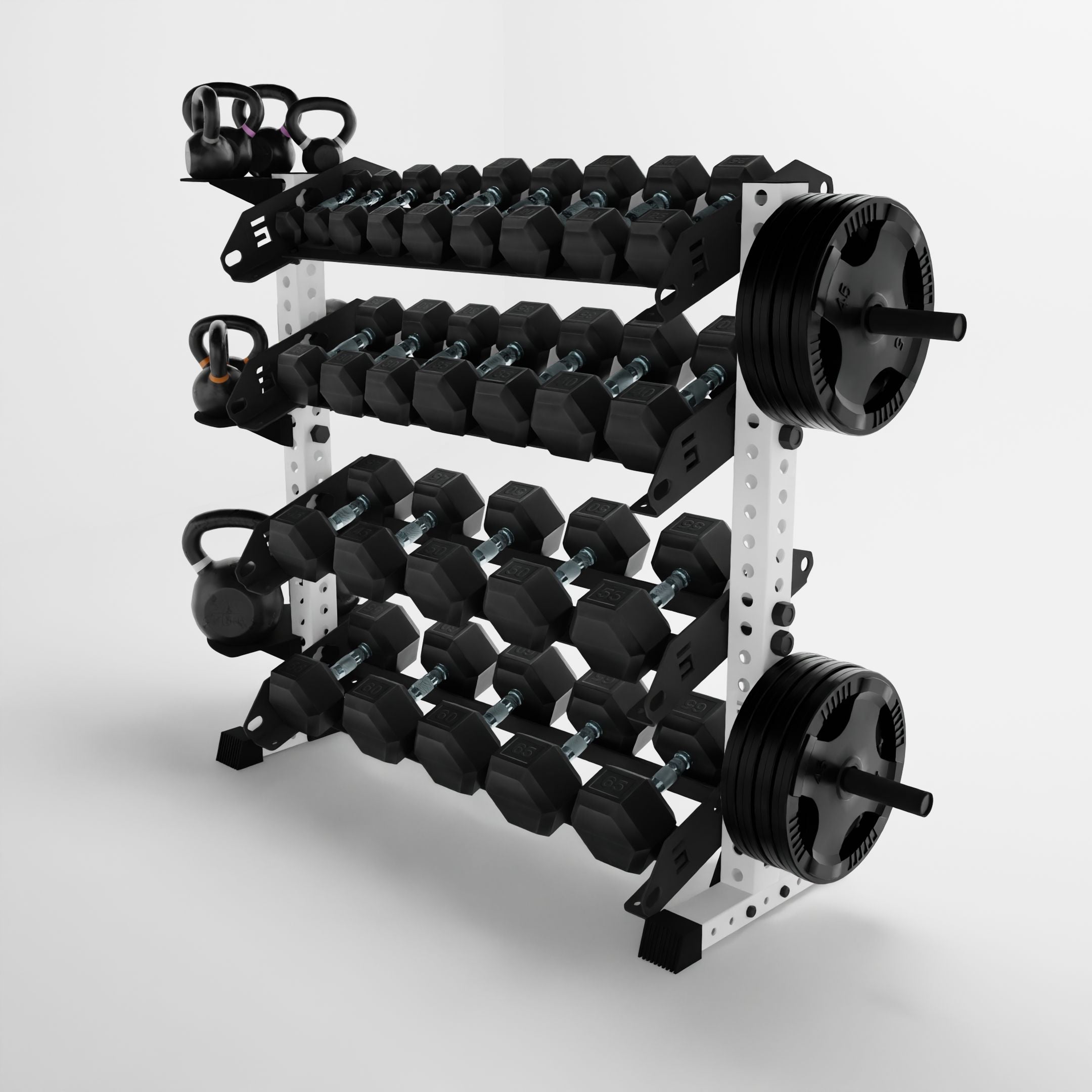 white 43-inch alpha 4-tier horizontal dumbbell rack storing dumbbells, weight plates, and kettlebells using storage attachment accessories