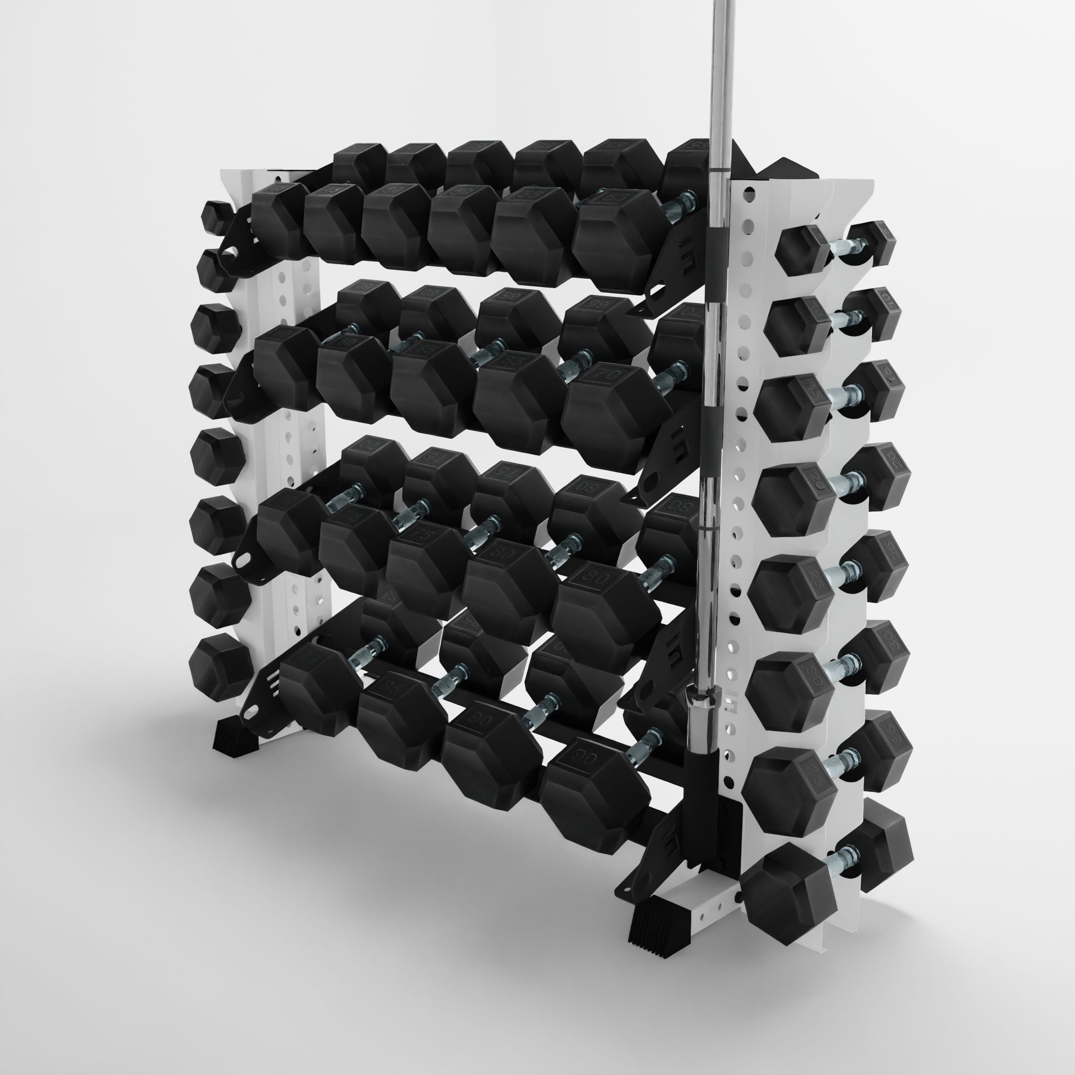 white 43-inch alpha 4-tier horizontal dumbbell rack with vertical add-ons storing dumbbells and a barbell using a storage attachment accessory