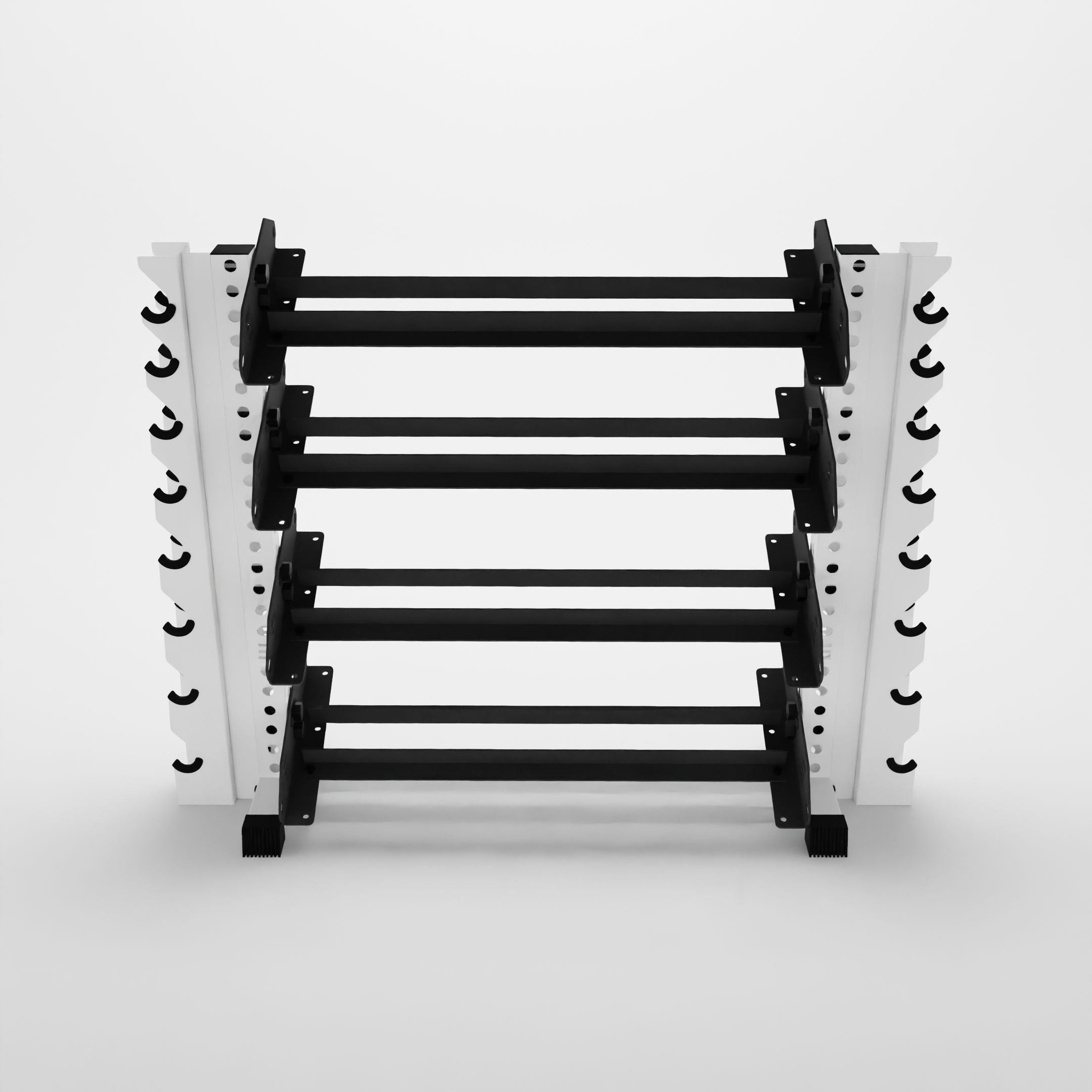 white 43-inch alpha 4-tier horizontal dumbbell rack with vertical add-ons