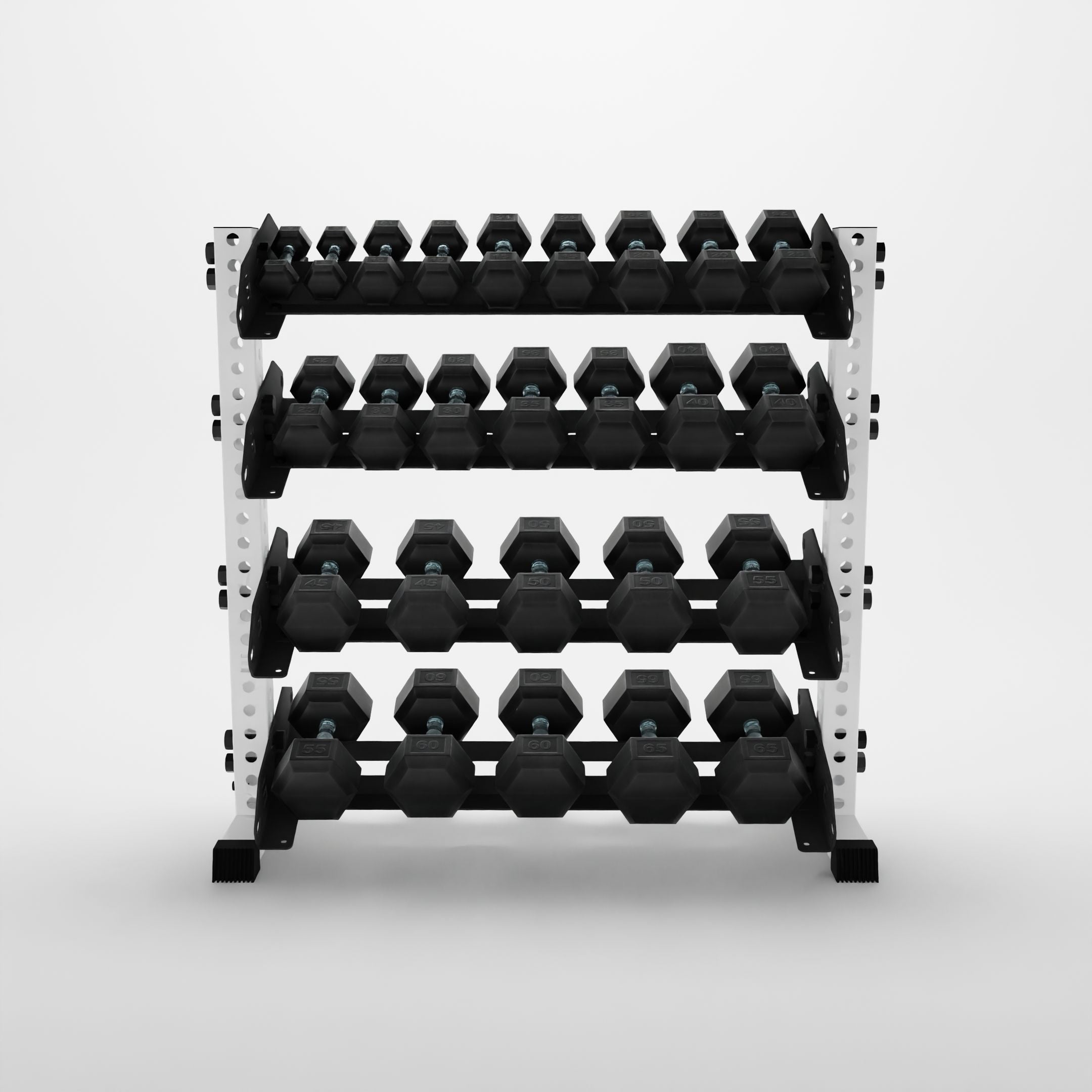 white 43-inch alpha 4-tier horizontal dumbbell rack storing hex dumbbells