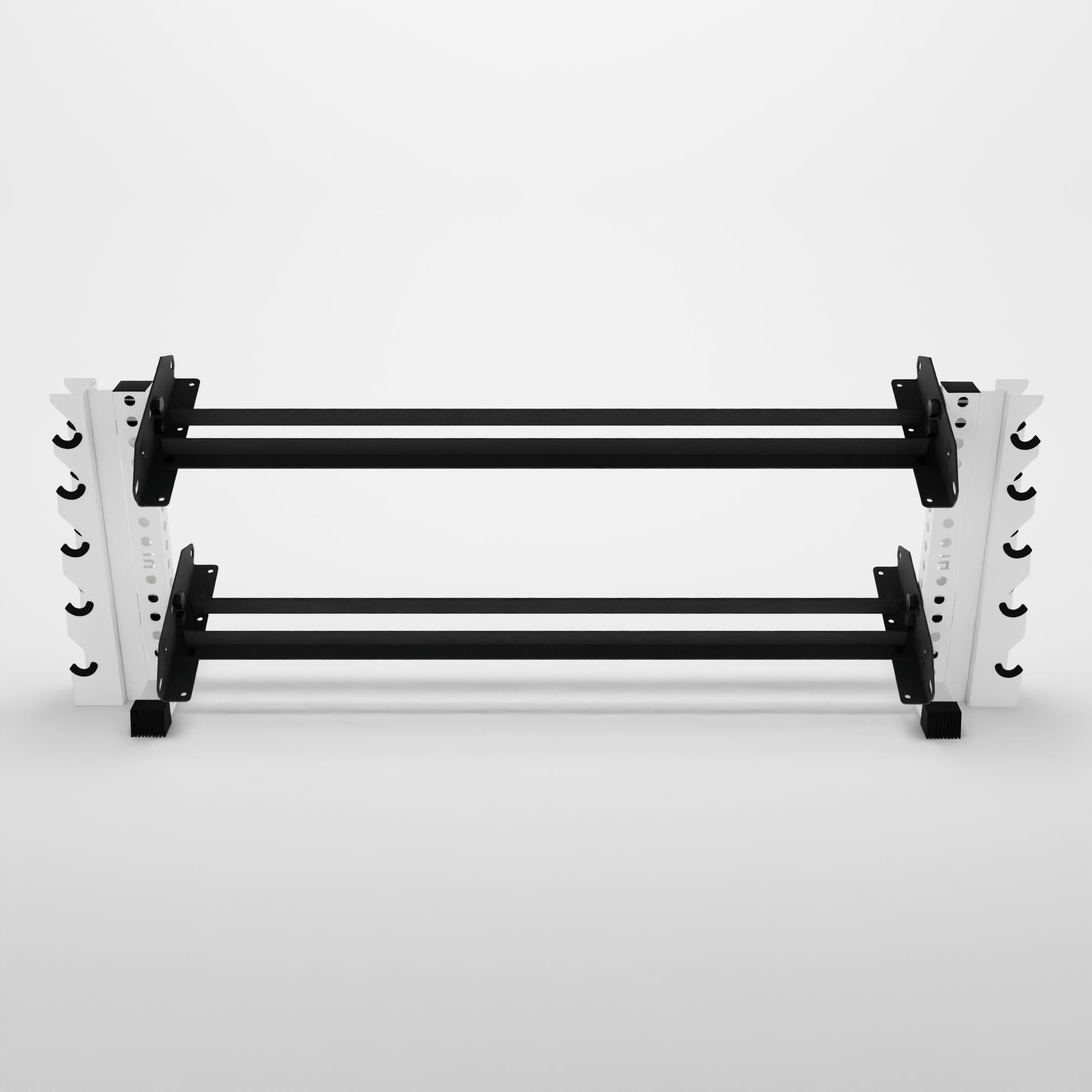 white 70-inch bravo 2-tier horizontal dumbbell rack with vertical add-ons