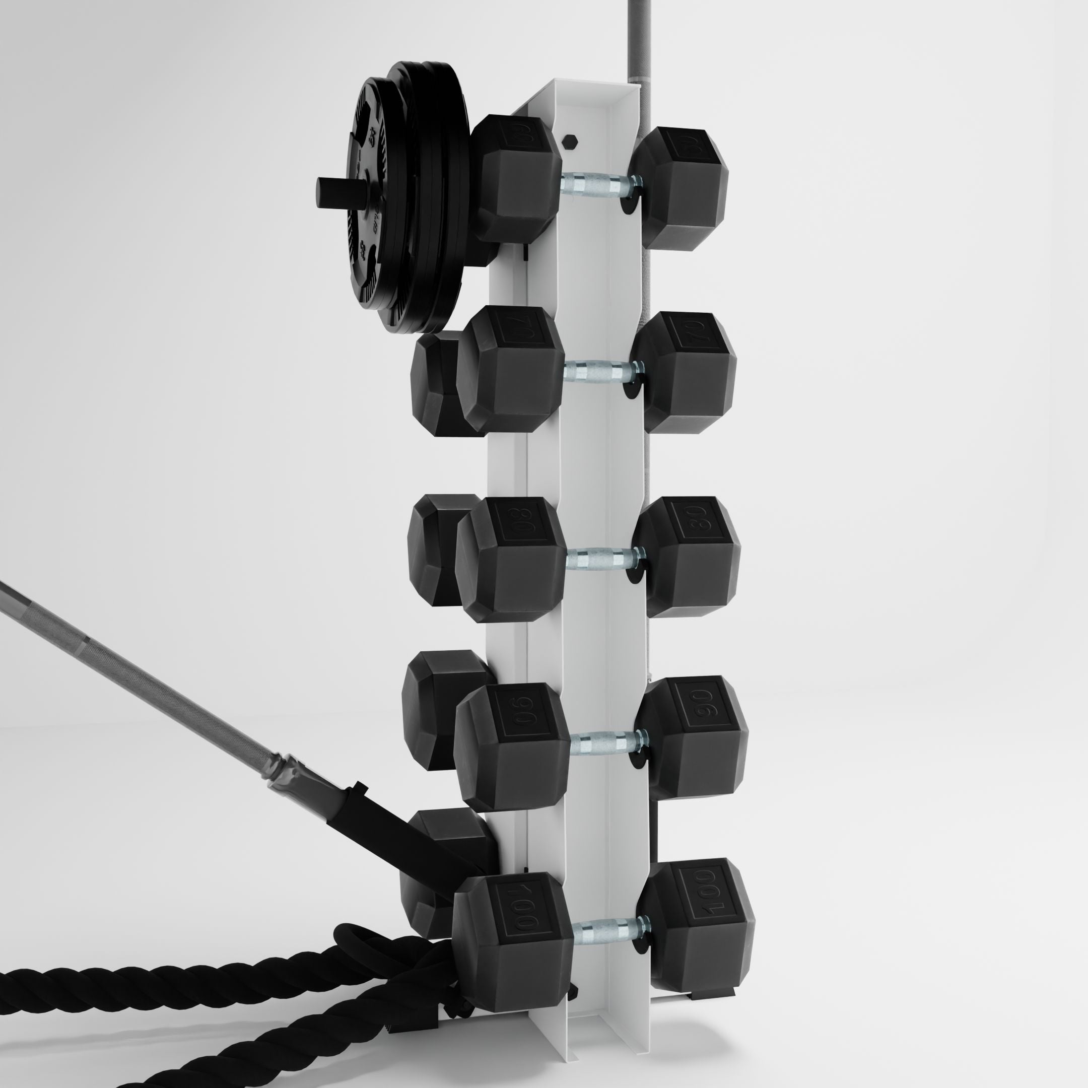 white alpha elite vertical dumbbell storage rack with accessories holding dumbbells, weight plates, barbells, and a battle rope