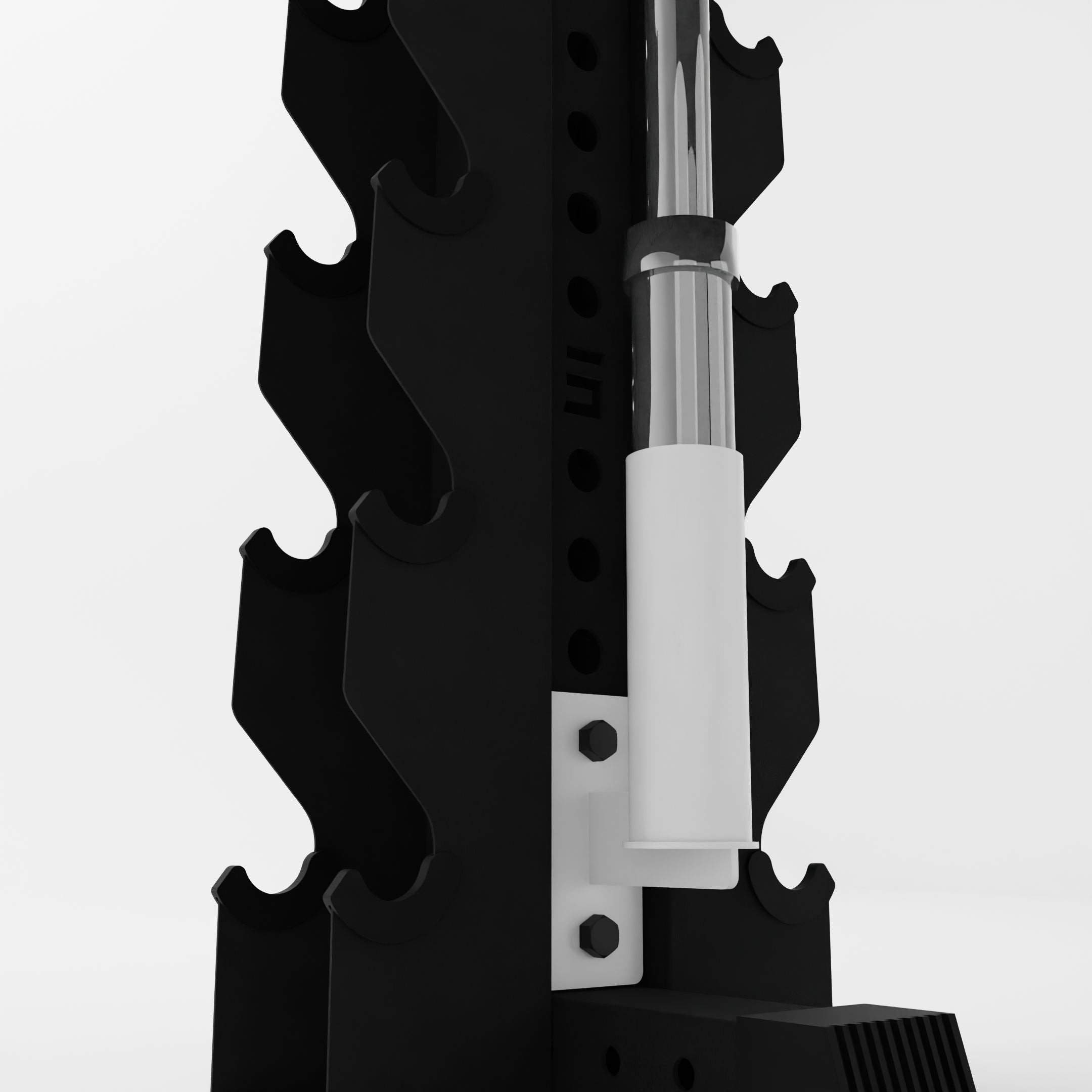 white barbell holder attachment for a 3x3 upright holding a barbell