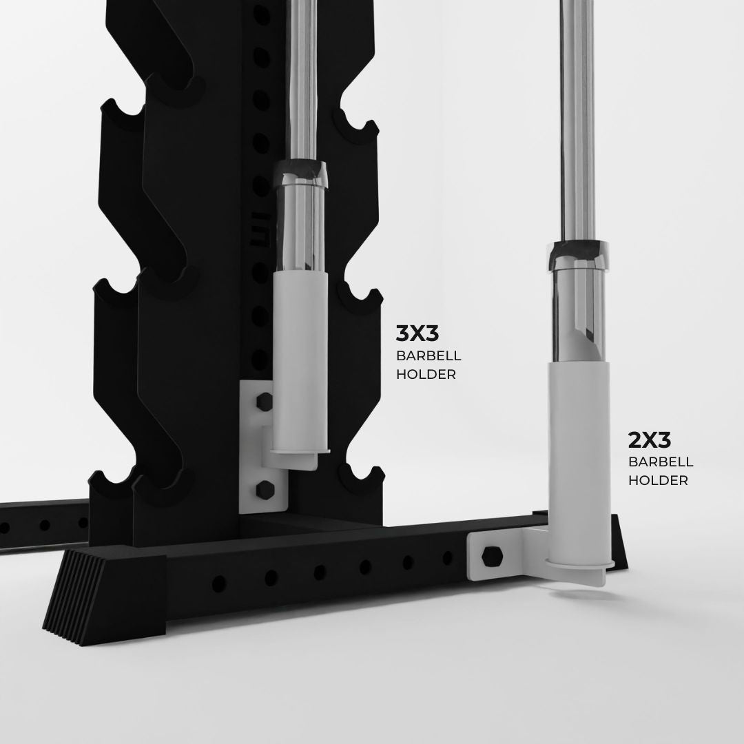 white barbell holder attachments holding barbells