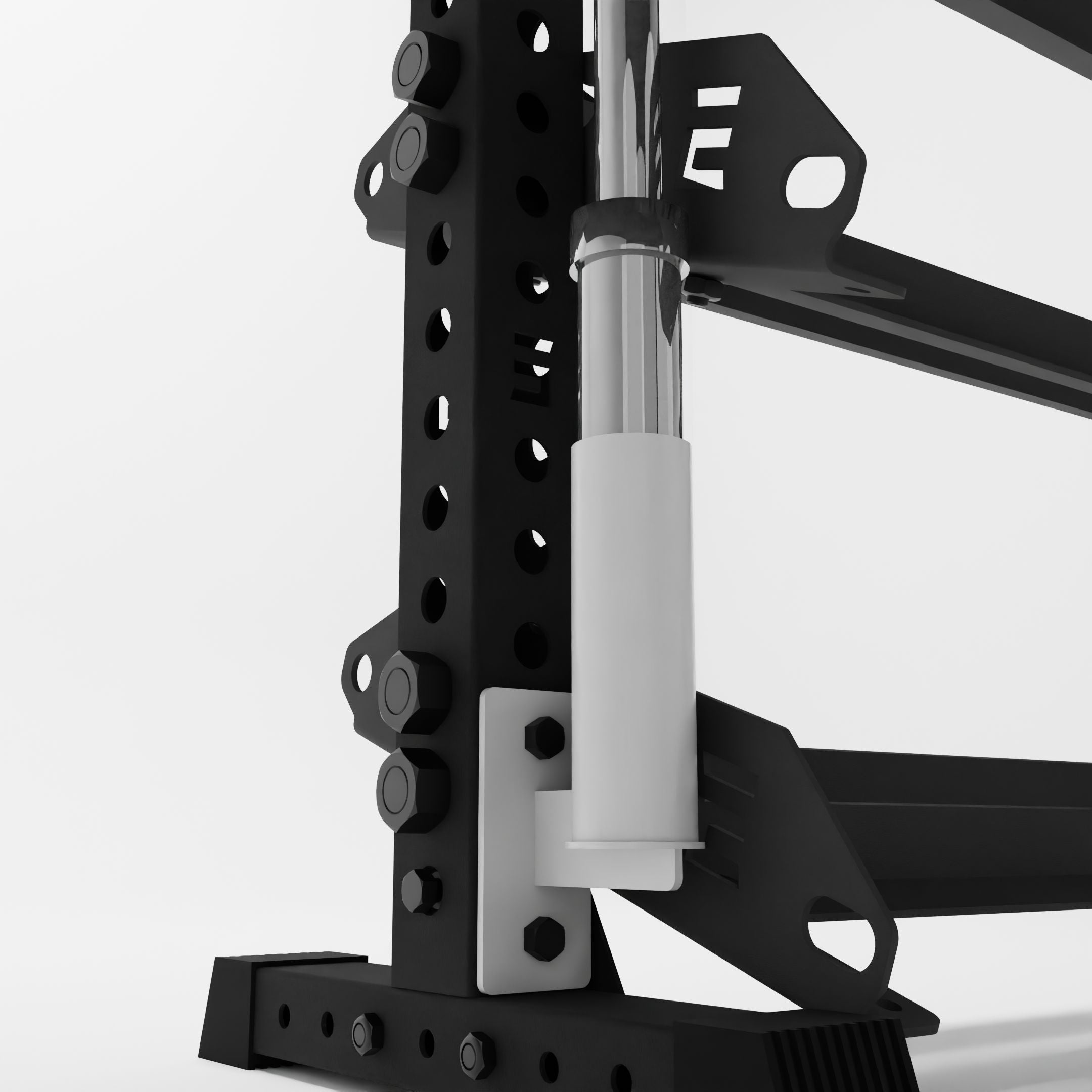 white barbell holder attachment for a 3x3 upright attached to a horizontal dumbbell rack