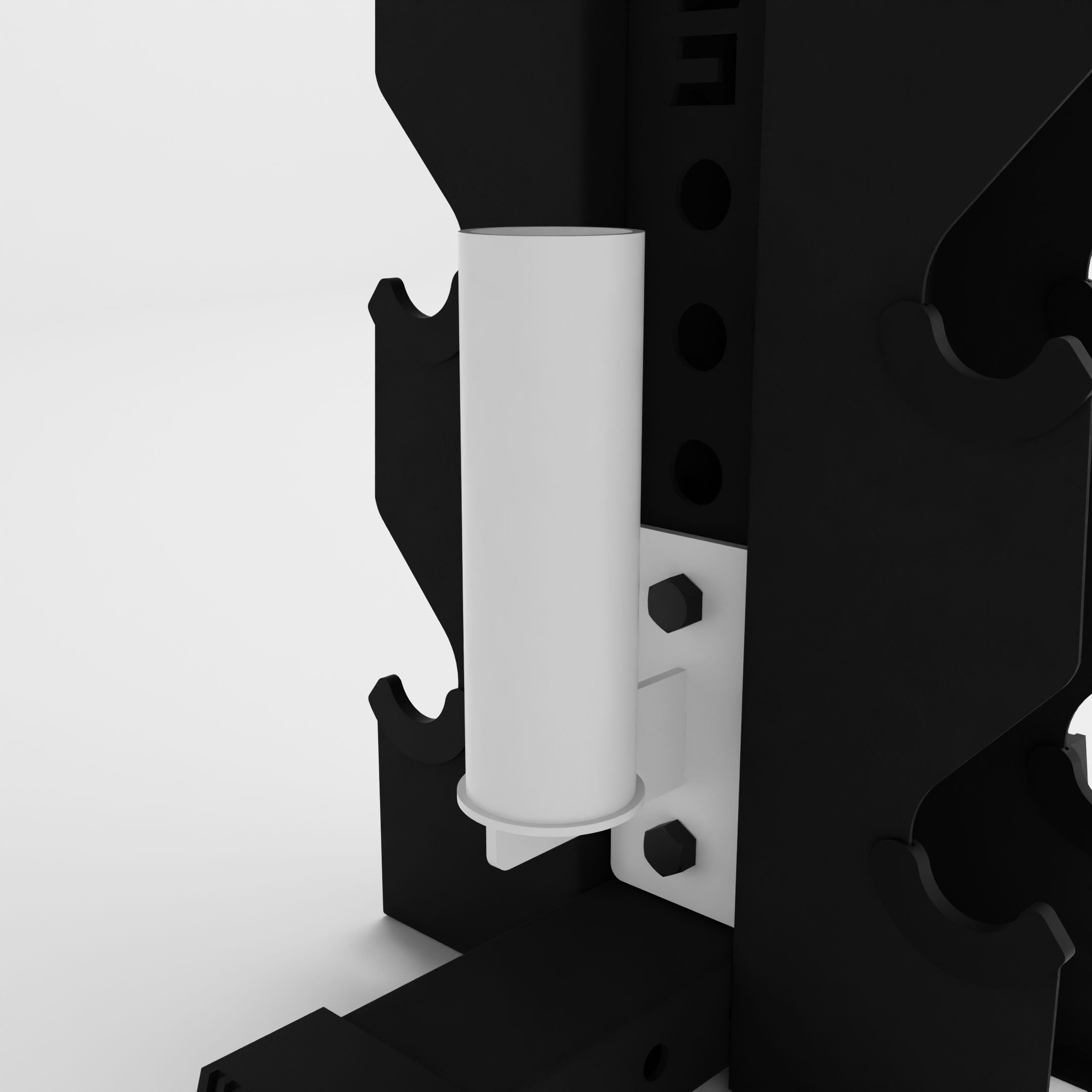 white barbell holder attachment for a 3x3 upright attached to a vertical dumbbell rack