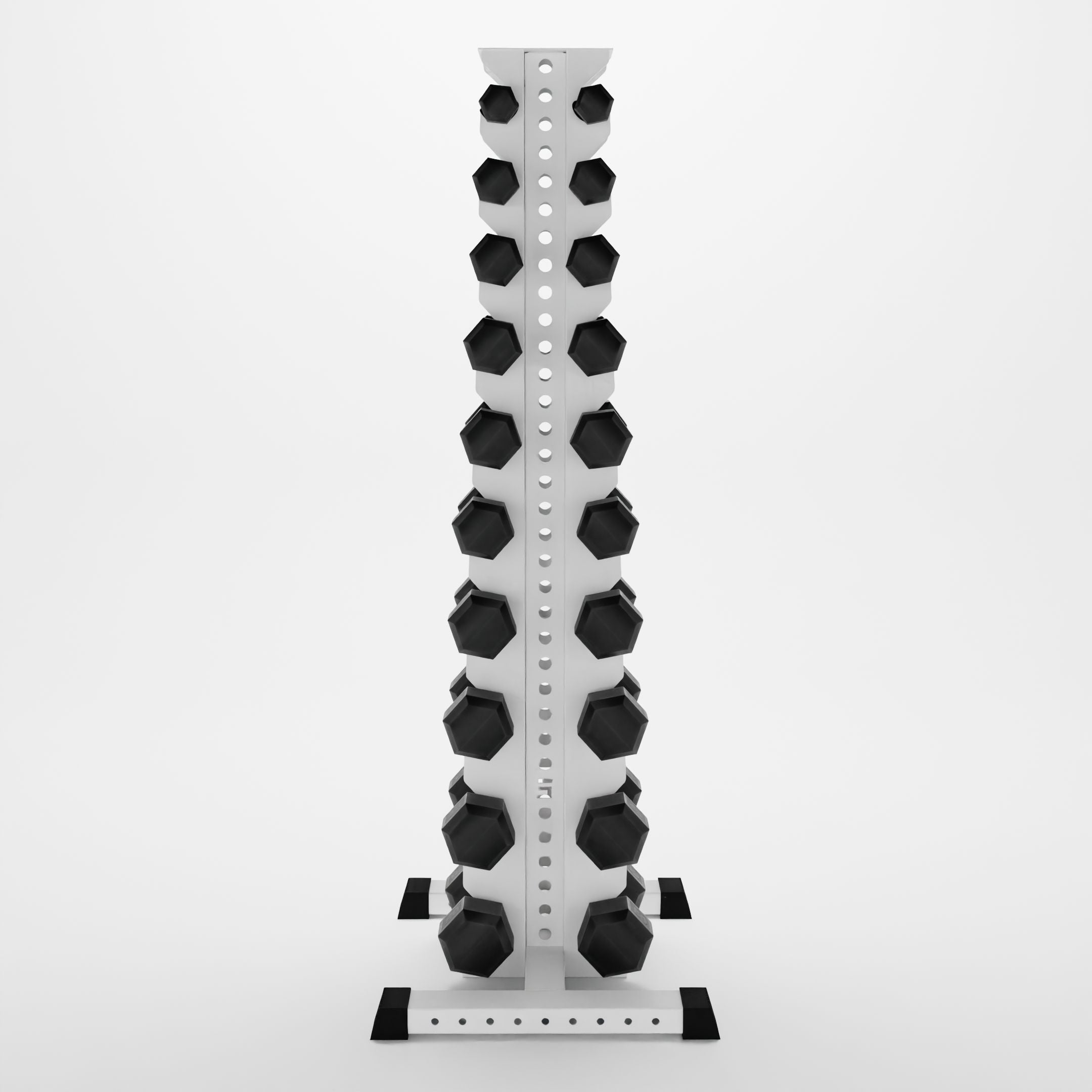 white delta 10-tier vertical dumbbell storage rack storing hex dumbbells