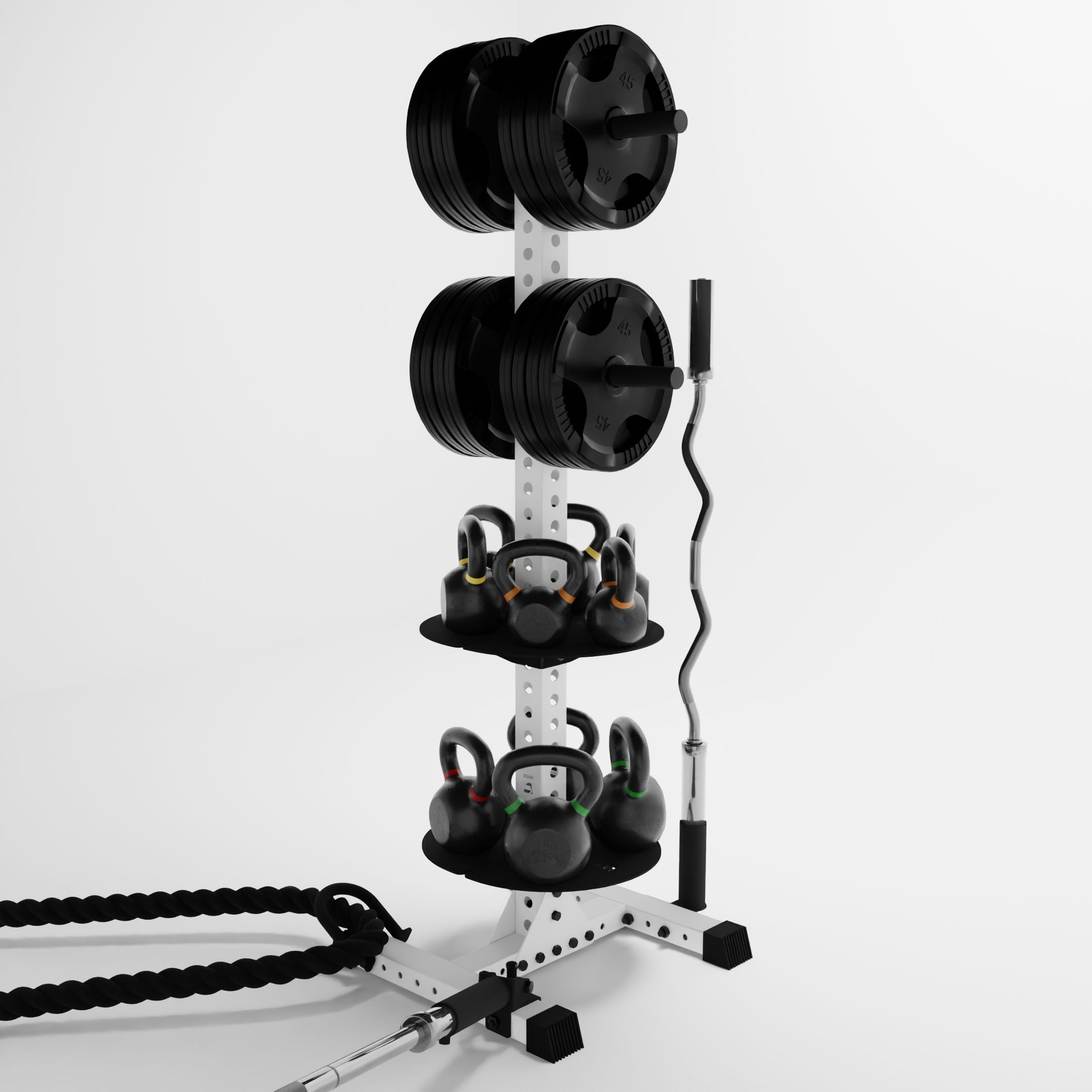 white delta pk vertical hybrid weight plate and kettlebell storage rack storing weight plates, kettlebells, barbells, and a battle rope using storage attachment accessories