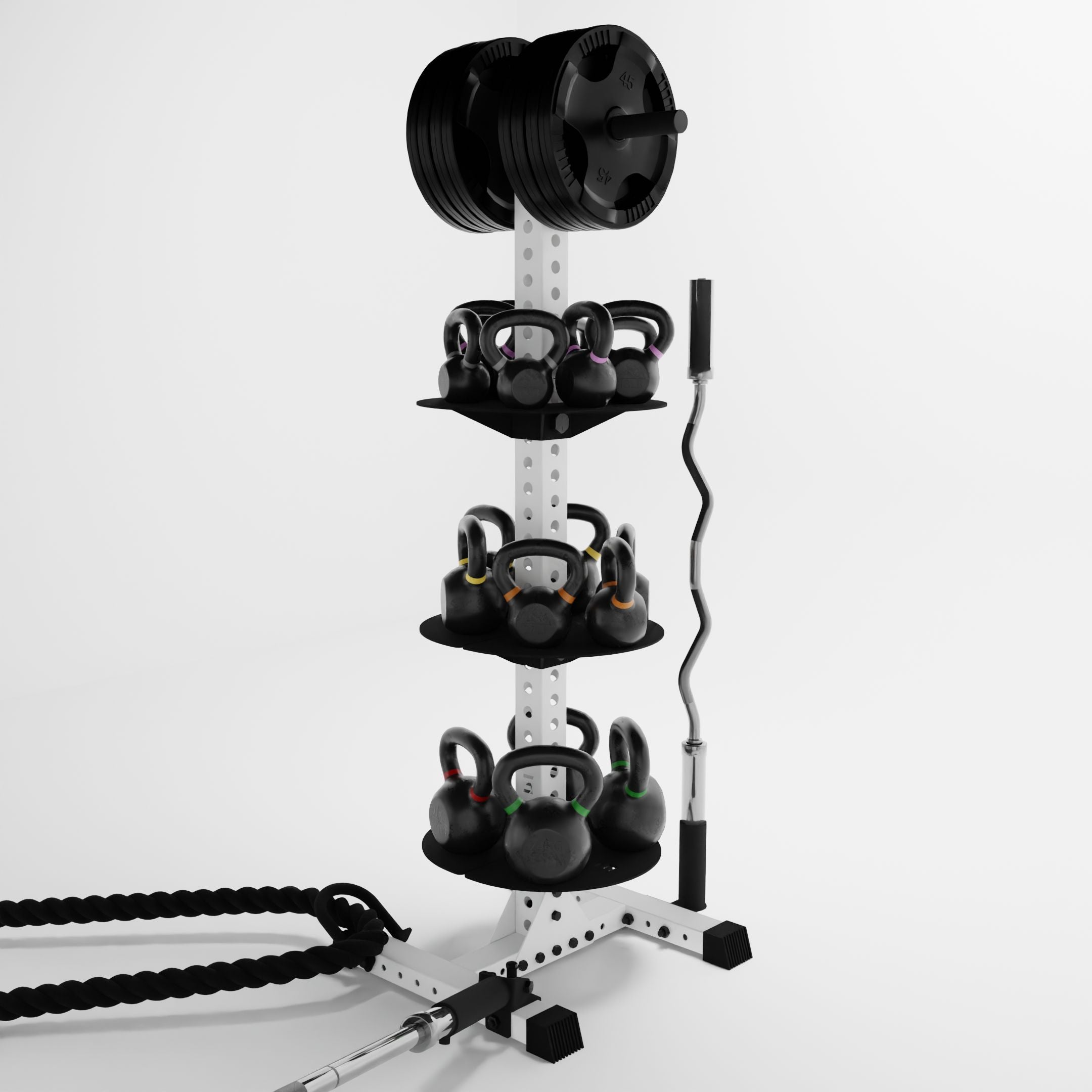 white delta pk vertical hybrid weight plate and kettlebell storage rack storing weight plates, kettlebells, barbells, and a battle rope using storage attachment accessories