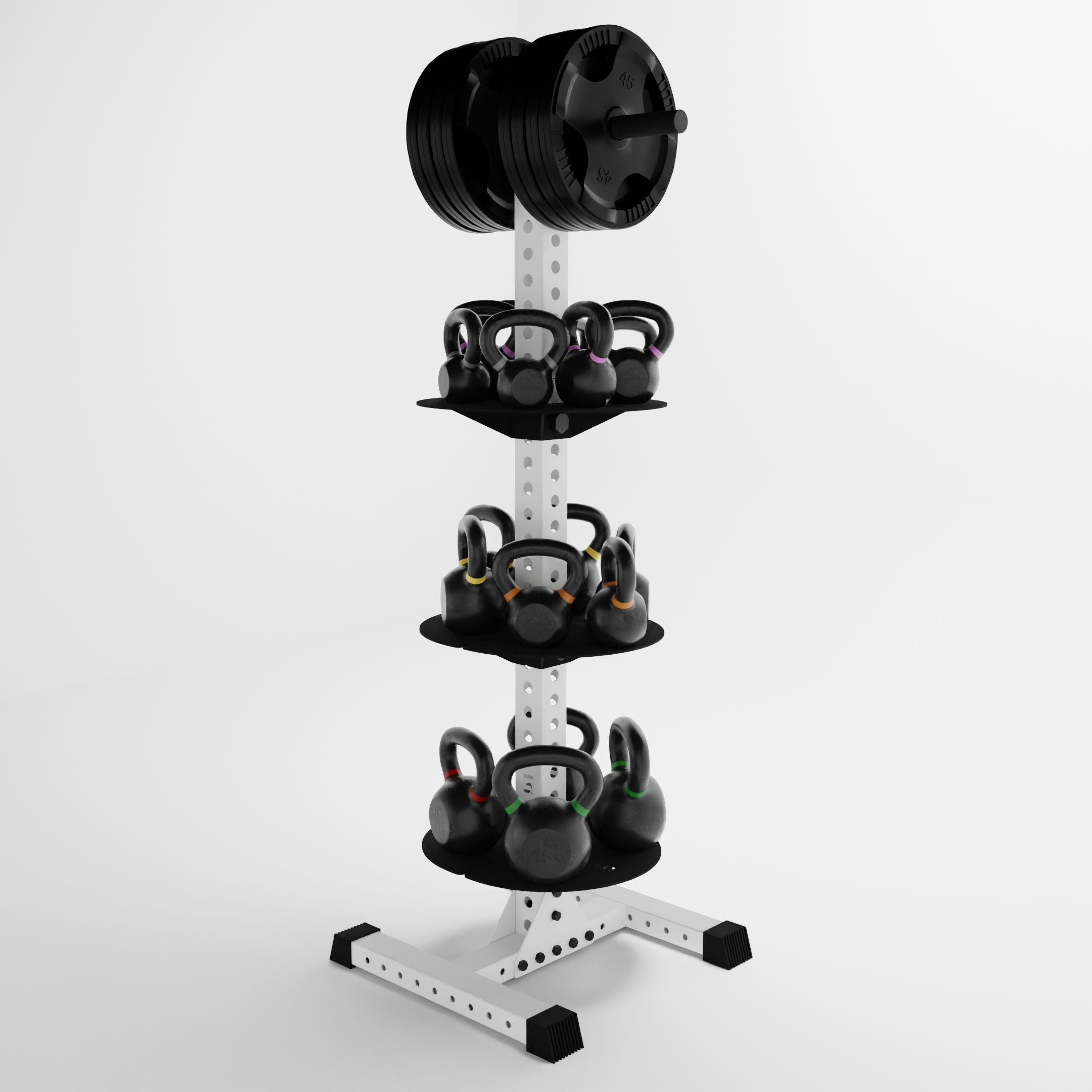 white delta pk vertical hybrid weight plate and kettlebell storage rack storing weight plates and kettlebells side view