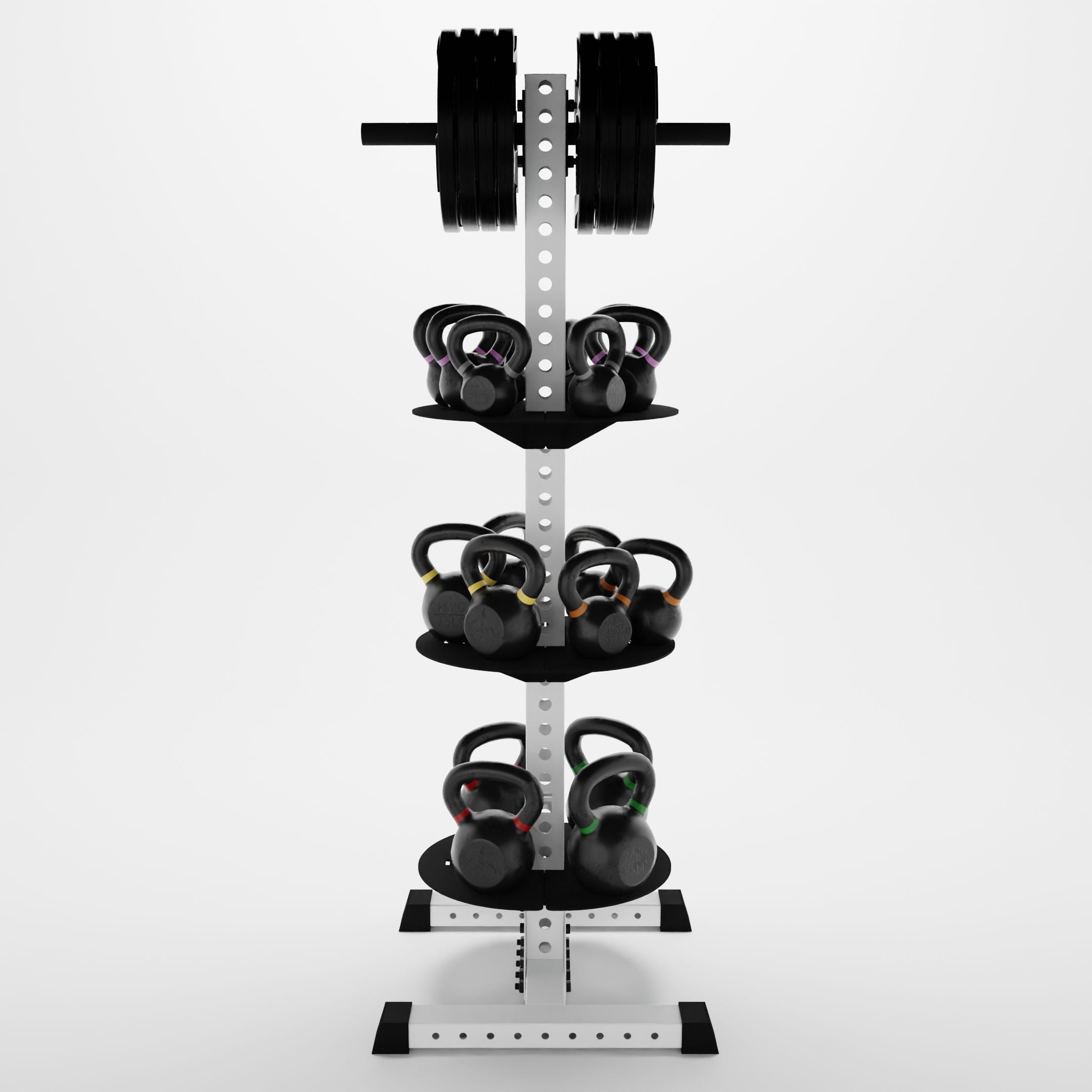 white delta pk vertical hybrid weight plate and kettlebell storage rack storing weight plates and kettlebells