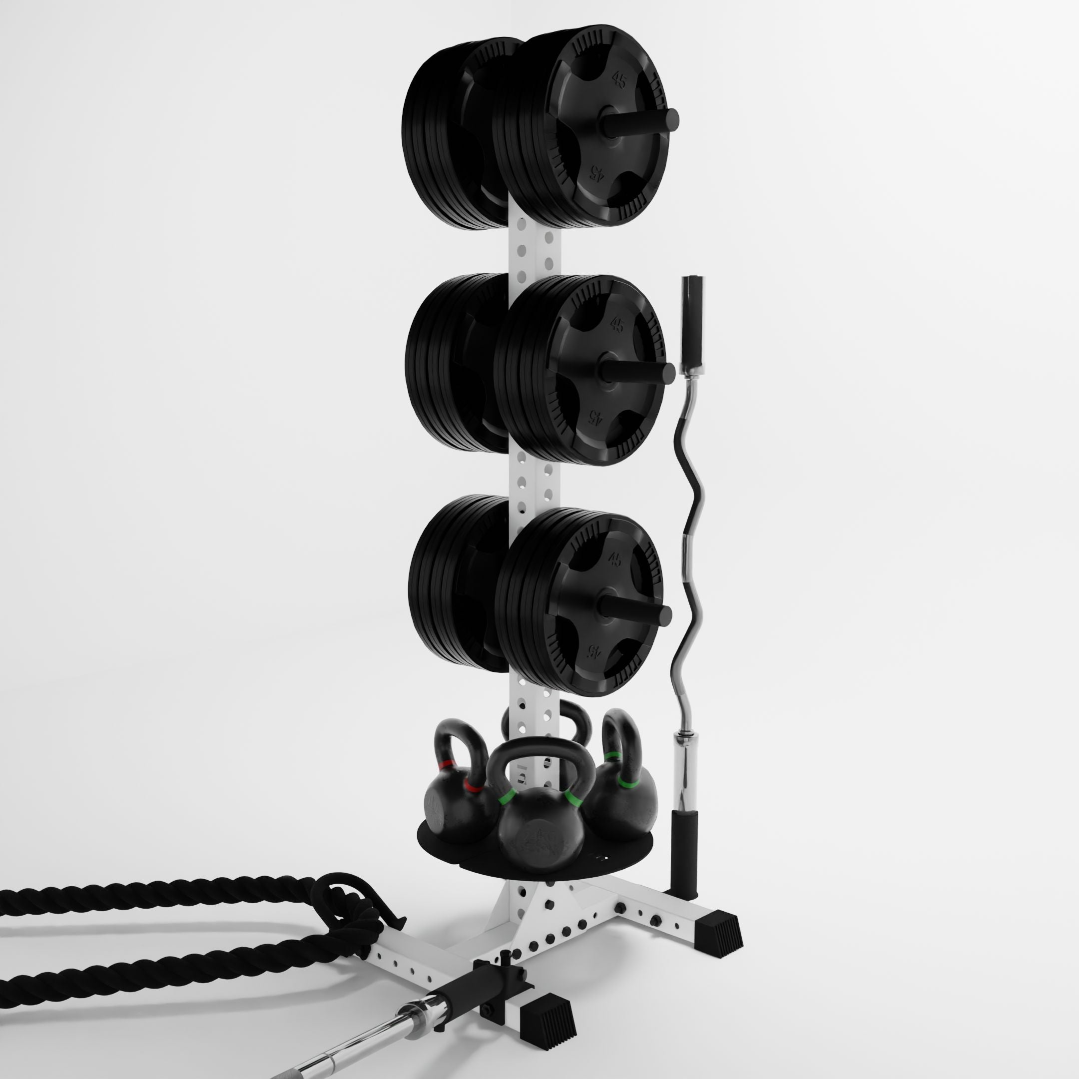 white delta pk vertical hybrid weigh plate and kettlebell store rack storing weight plates, kettlebells, barbells, and a battle rope using storage attachment accessories