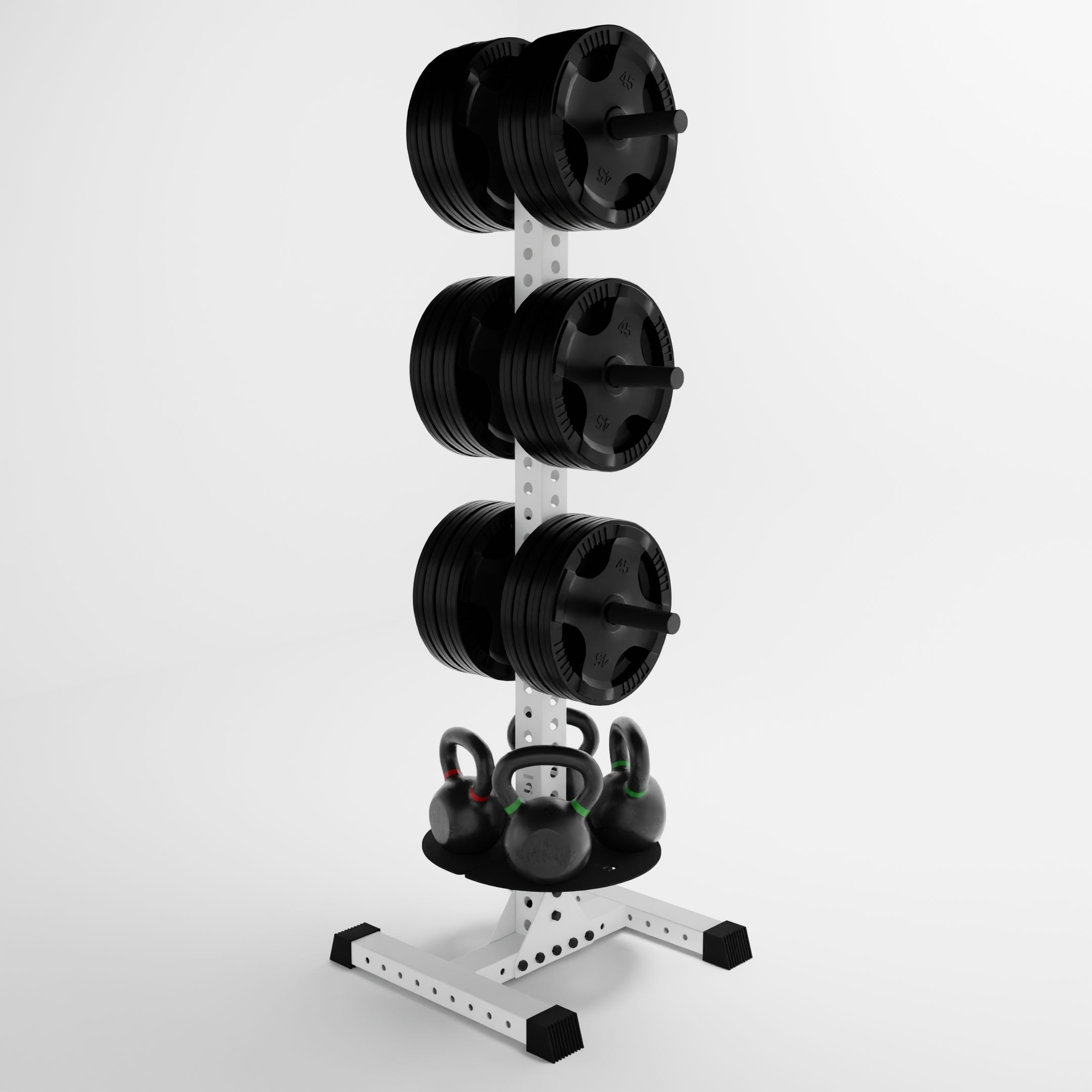 white delta pk vertical hybrid weight plate and kettlebell storage rack storing weight plates and kettlebells side view