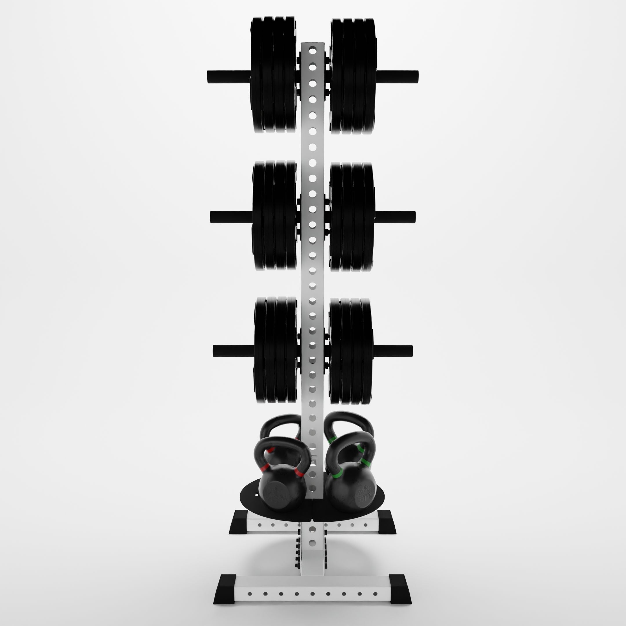 white delta pk vertical hybrid weight plate and kettlebell storage rack storing weight plates and kettlebells