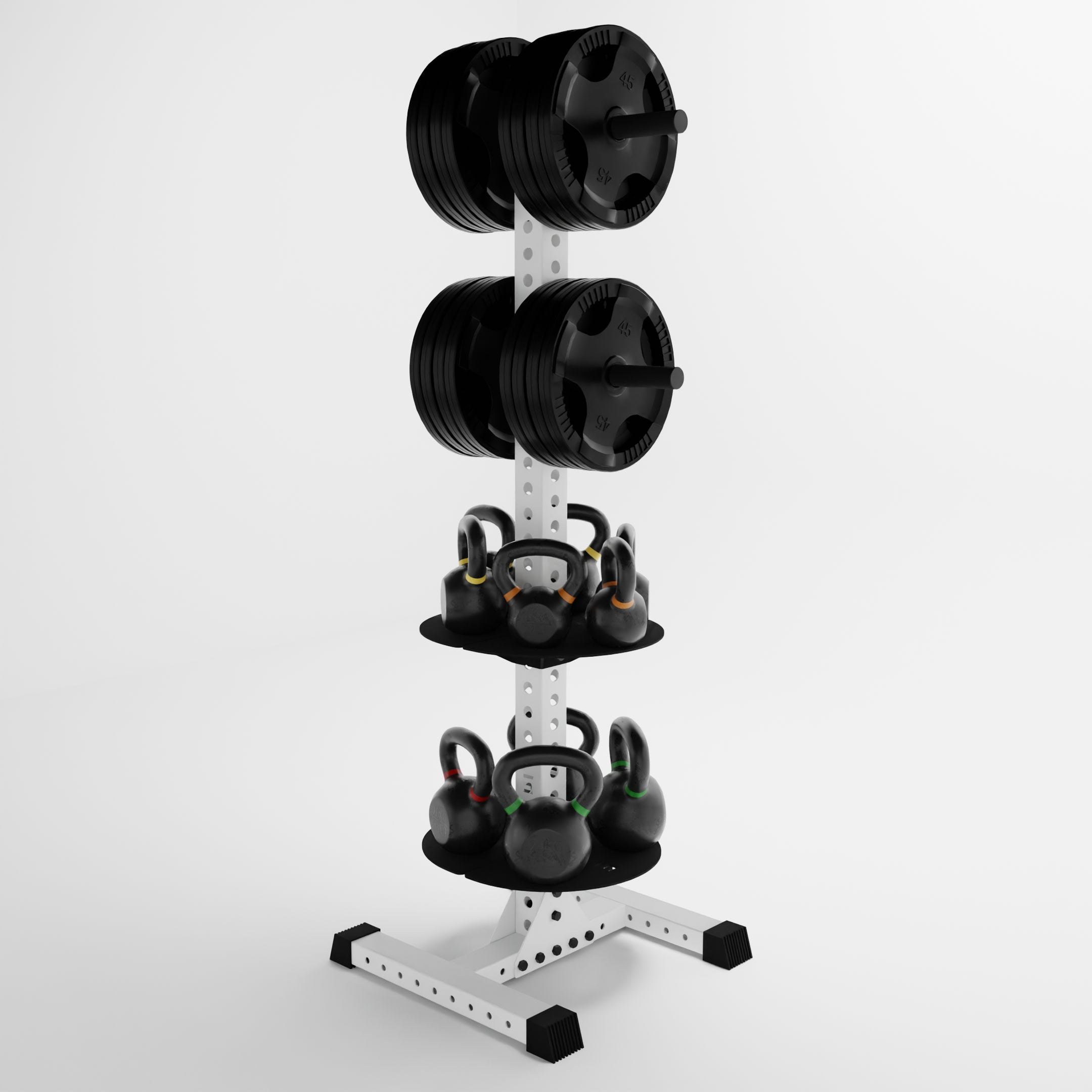 white delta pk vertical hybrid weight plates and kettlebell storage rack storing weight plates and kettlebells side view
