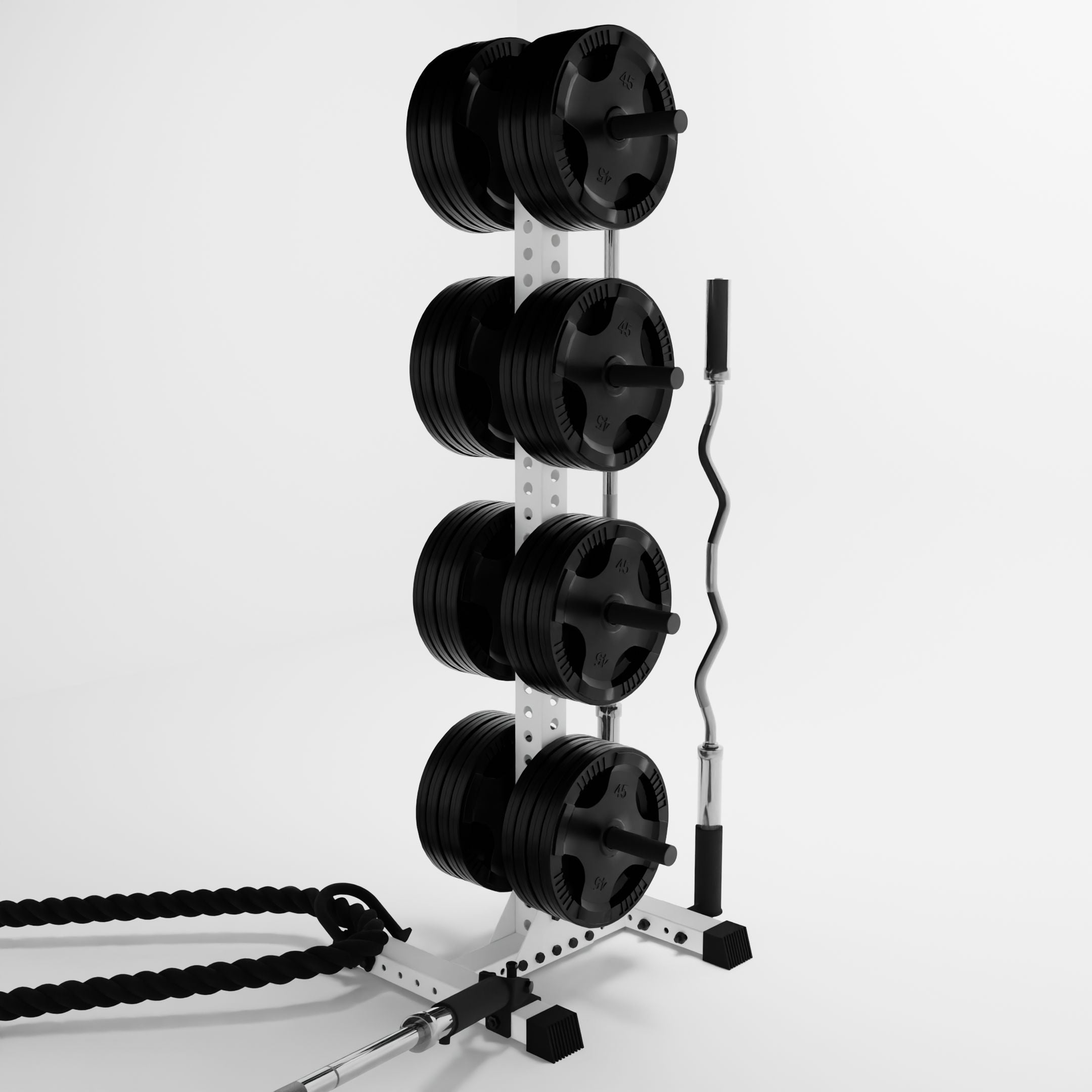 white delta 4-tier vertical weight plate tree storing weight plates, barbells, and a battle rope using storage attachment accessories