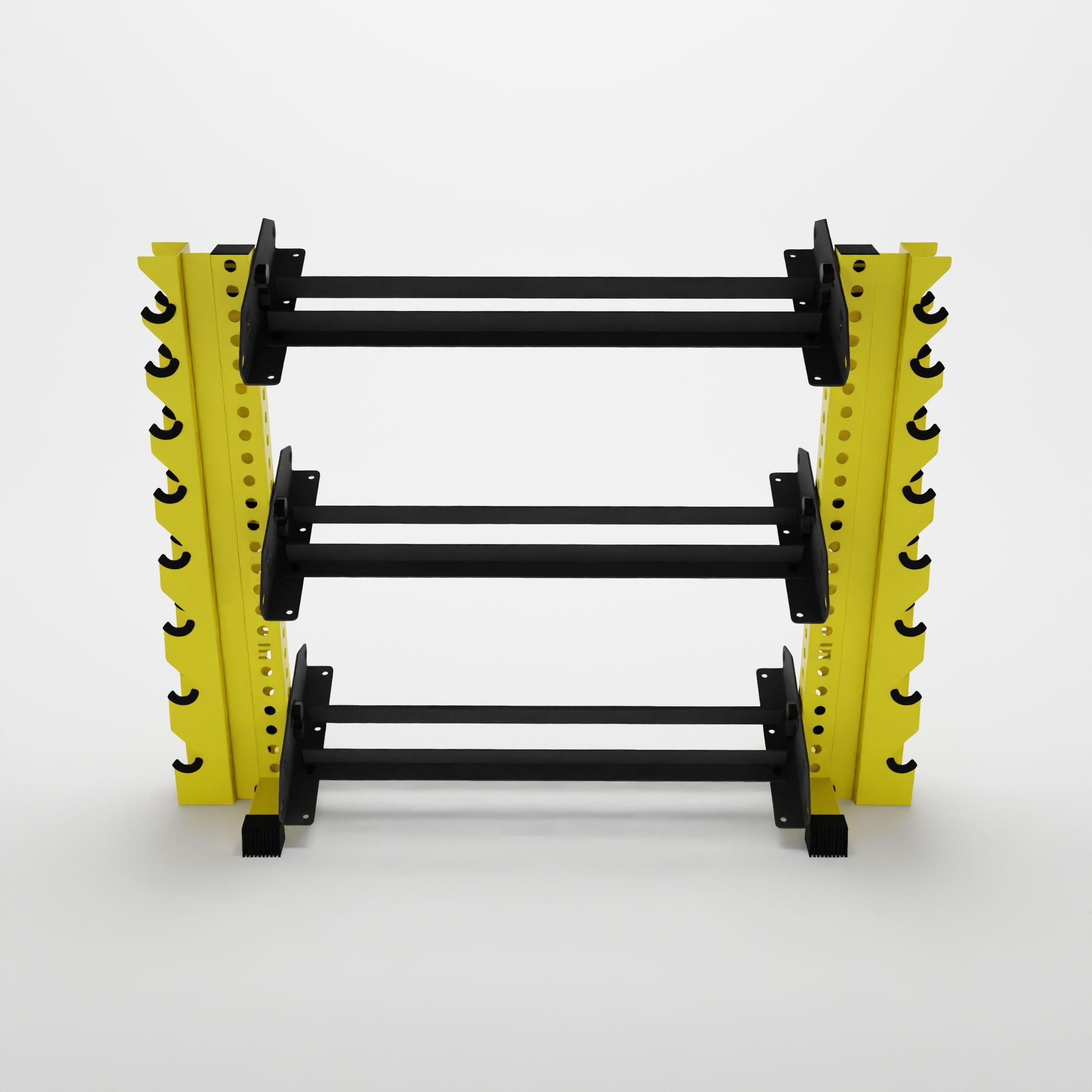 yellow 43-inch alpha 3-tier horizontal dumbbell rack with vertical add-ons