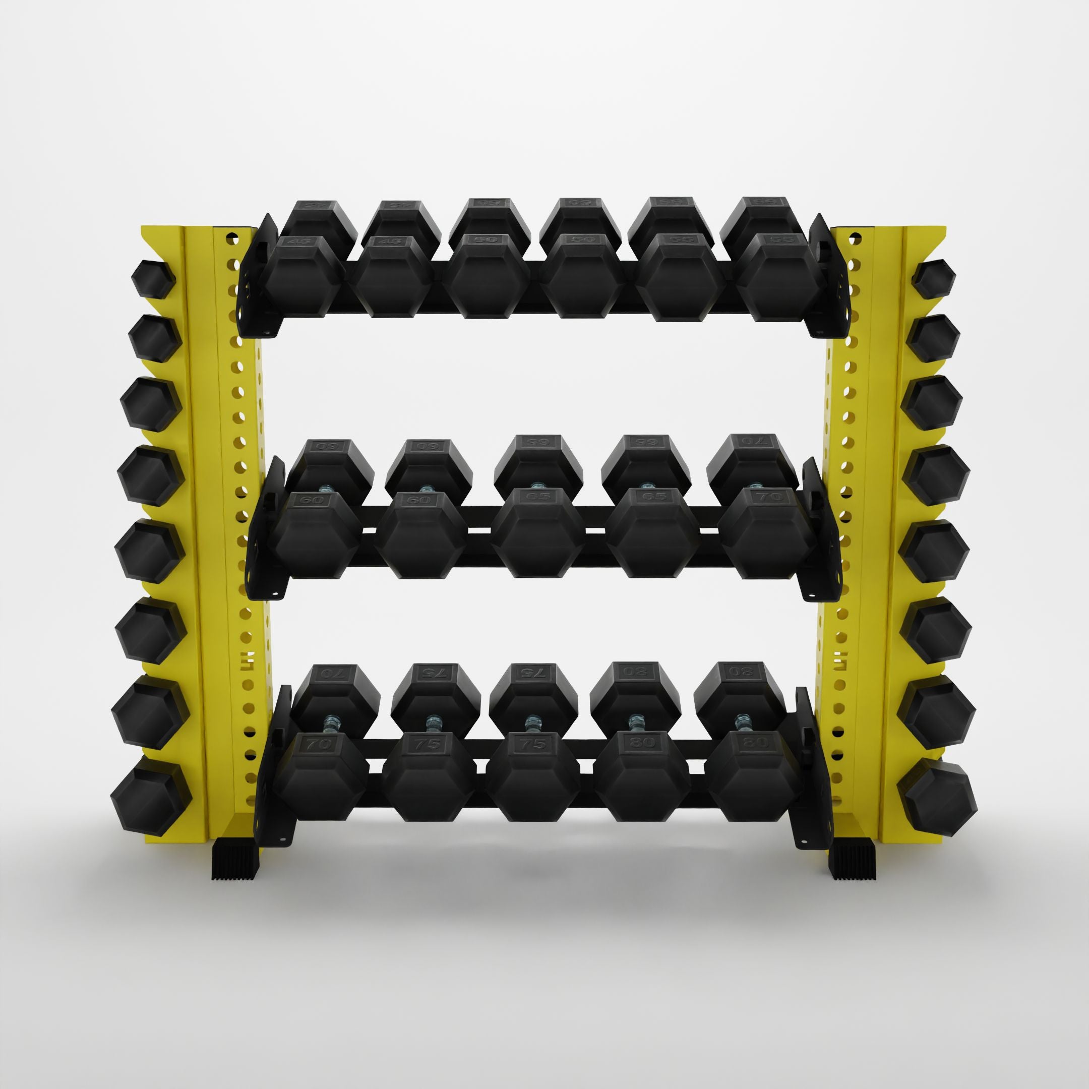 yellow 43-inch alpha 3-tier horizontal dumbbell rack with vertical add-ons storing hex dumbbells