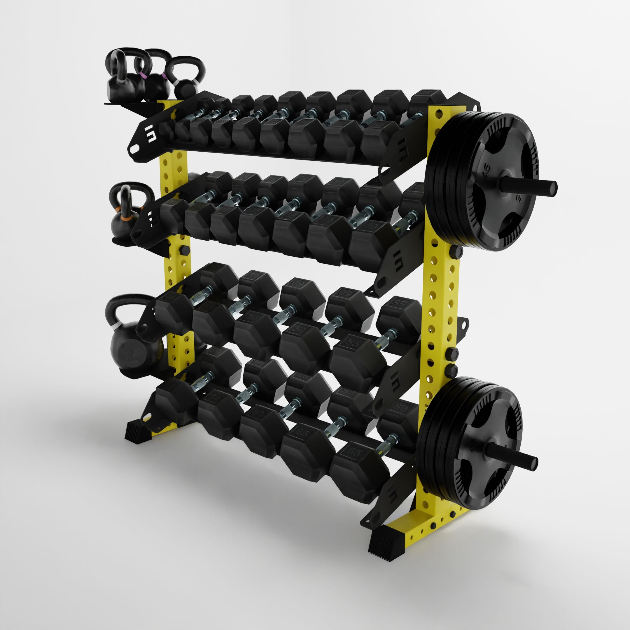yellow 43-inch alpha 4-tier horizontal dumbbell rack storing dumbbells, weight plates, and kettlebells using storage attachment accessories