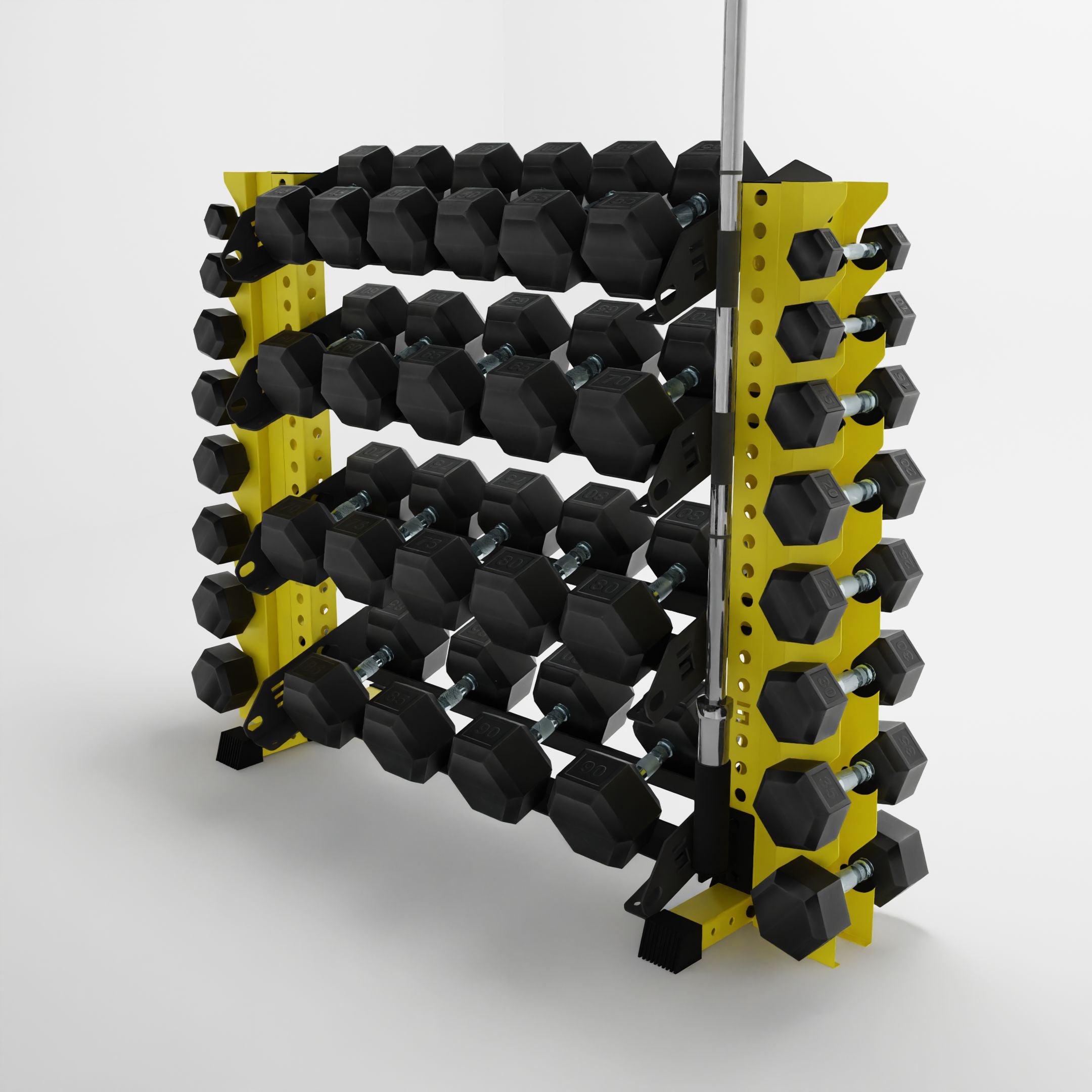 yellow 43-inch alpha 4-tier horizontal dumbbell rack with vertical add-ons storing dumbbells and a barbell using a storage attachment accessory