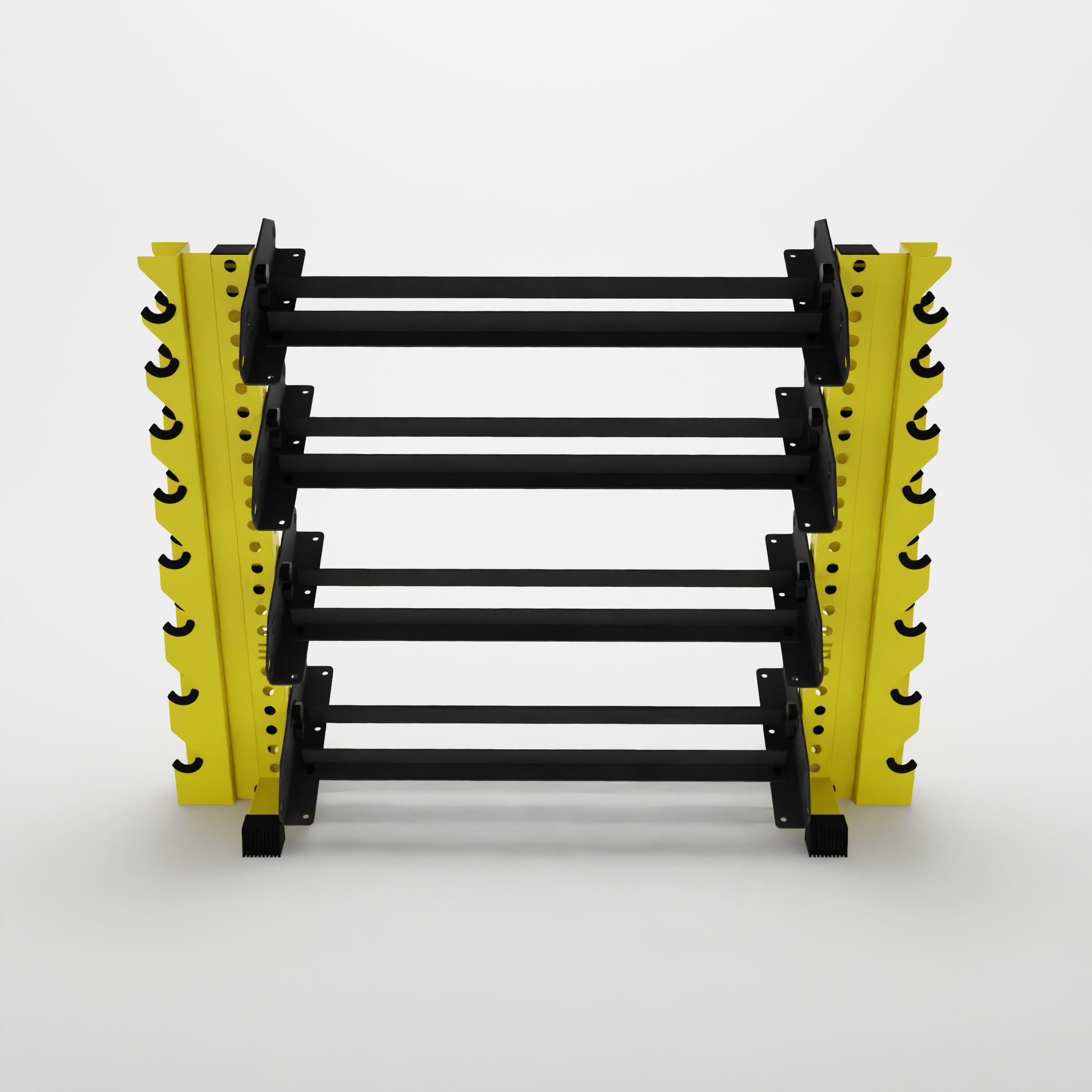 yellow 43-inch alpha 4-tier horizontal dumbbell rack with vertical add-ons
