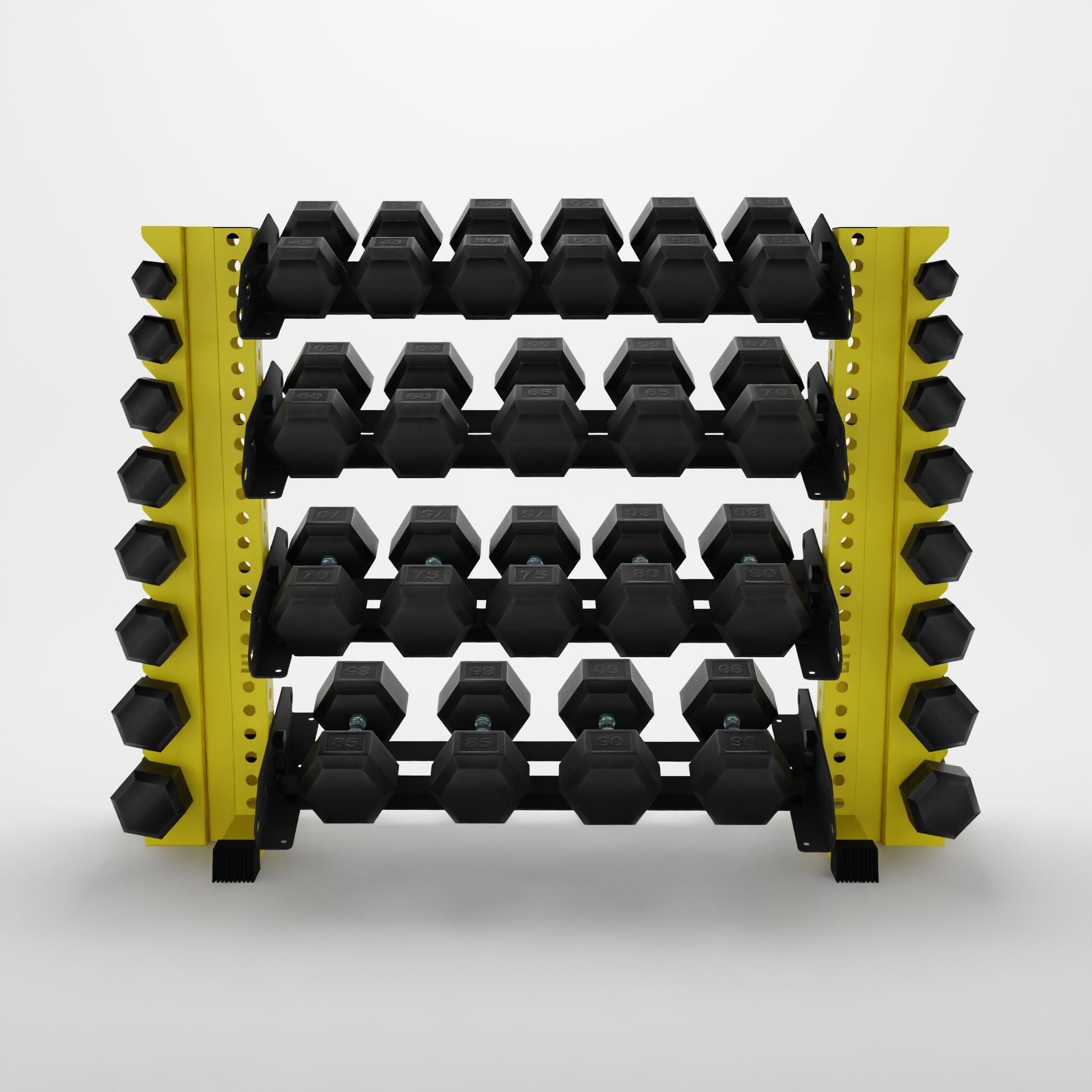 yellow 43-inch alpha 4-tier horizontal dumbbell rack with vertical add-ons storing hex dumbbells