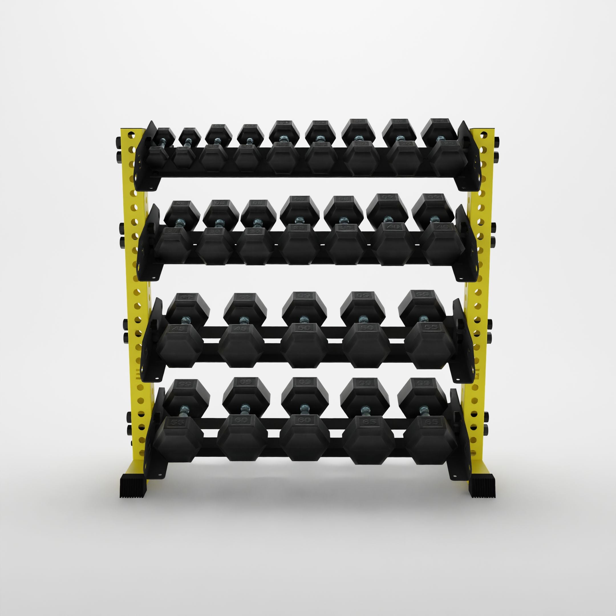 yellow 43-inch alpha 4-tier horizontal dumbbell rack storing hex dumbbells