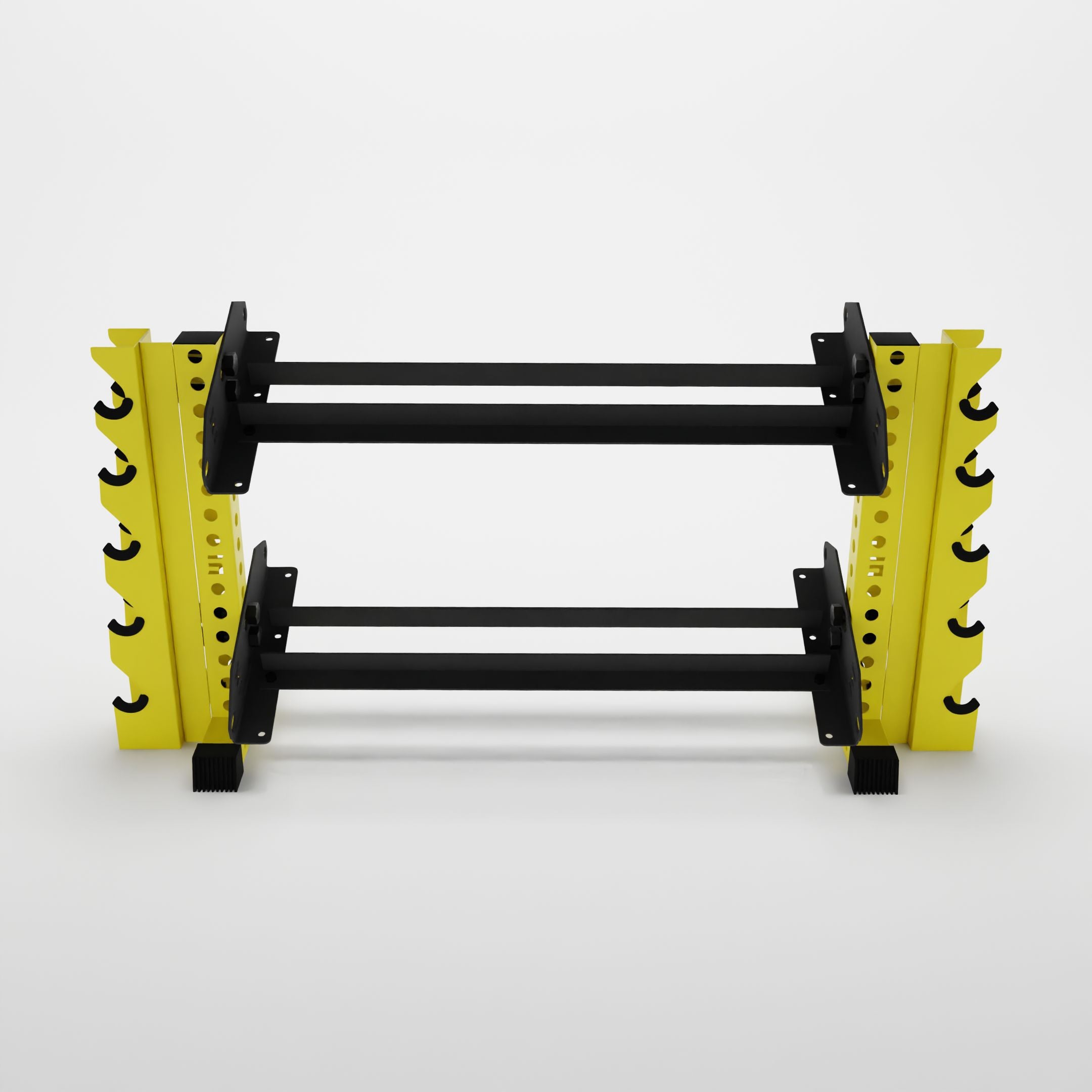 yellow 43-inch bravo 2-tier horizontal dumbbell rack with vertical add-ons