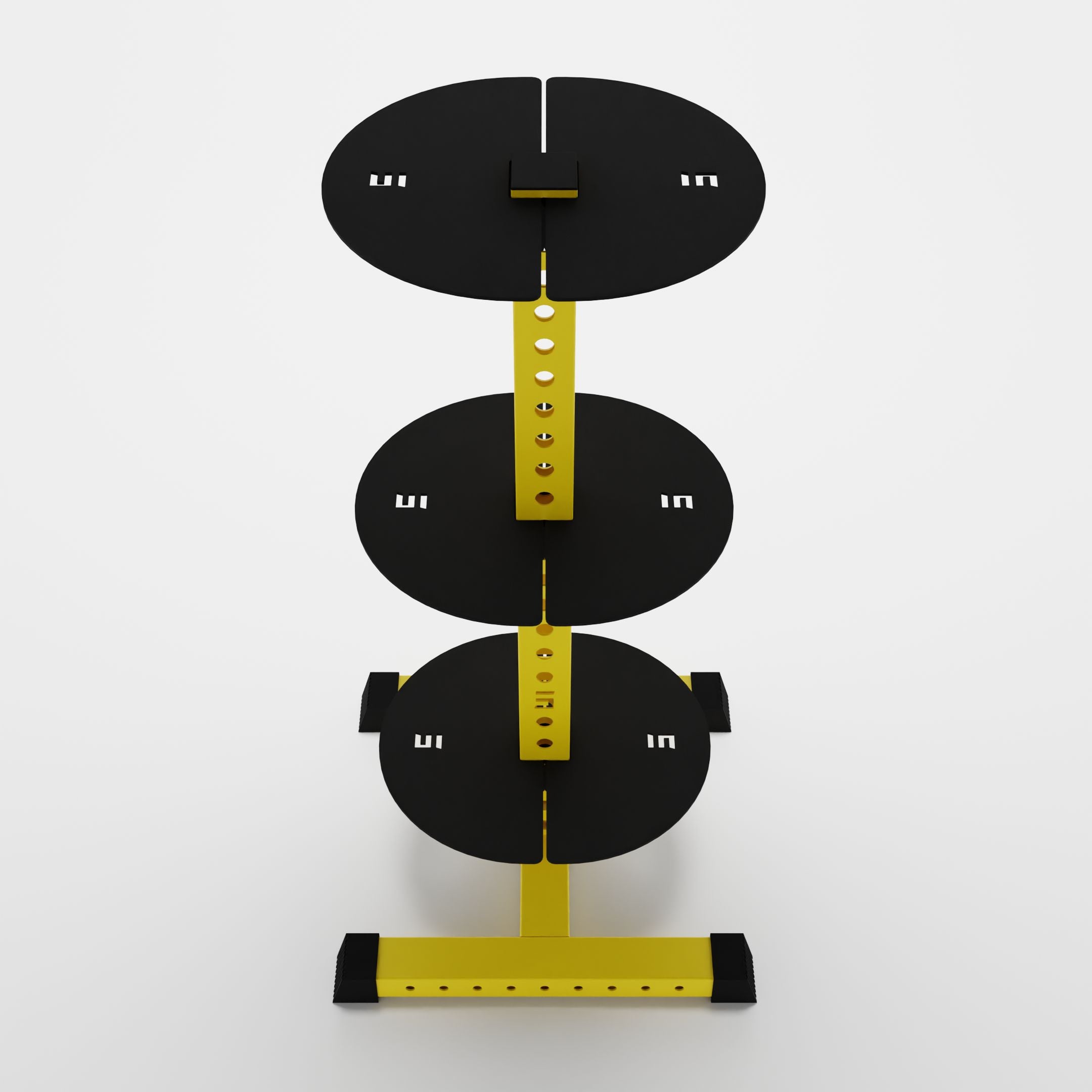 yellow alpha 3-tier vertical kettlebell rack top view