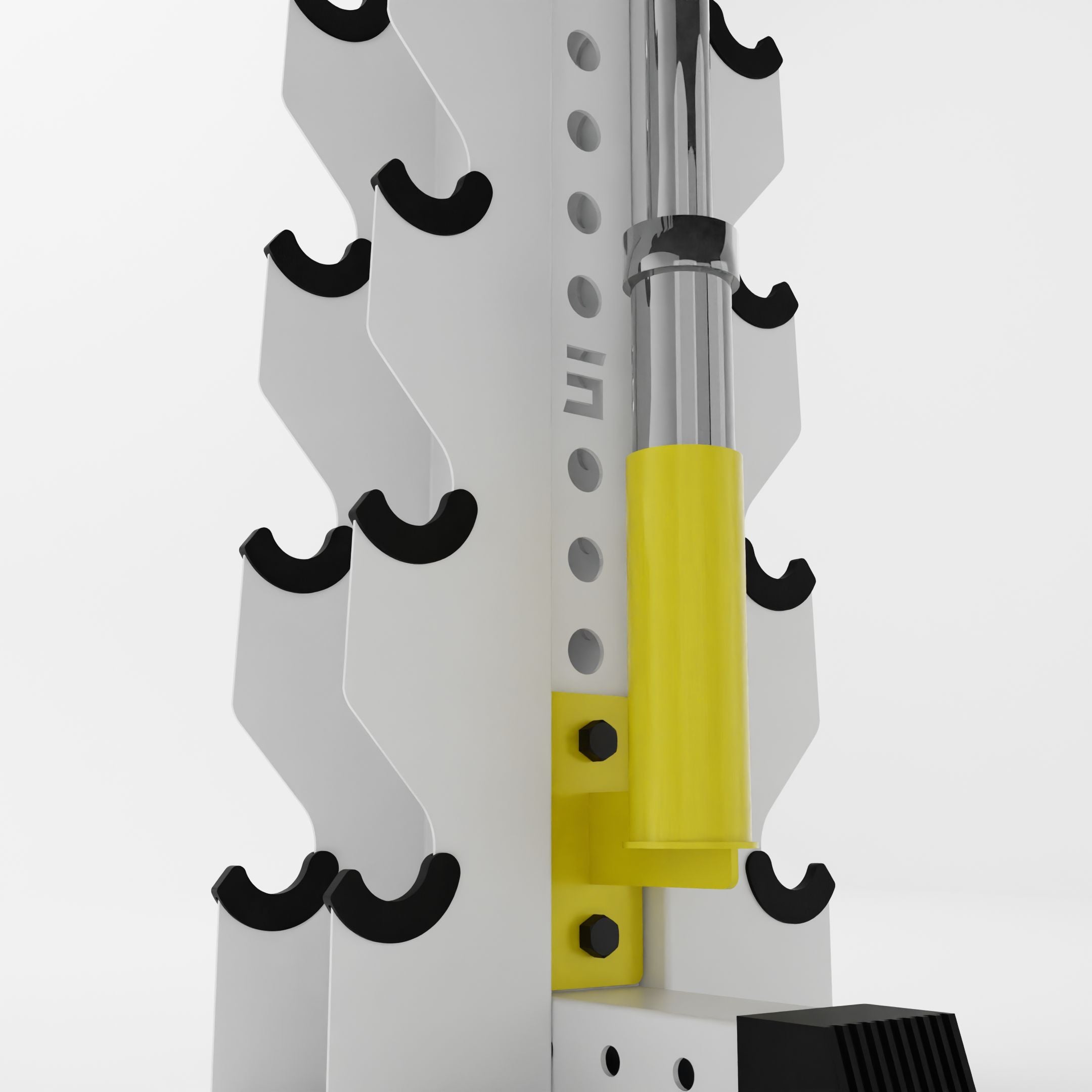yellow barbell holder attachment for a 3x3 upright holding a barbell