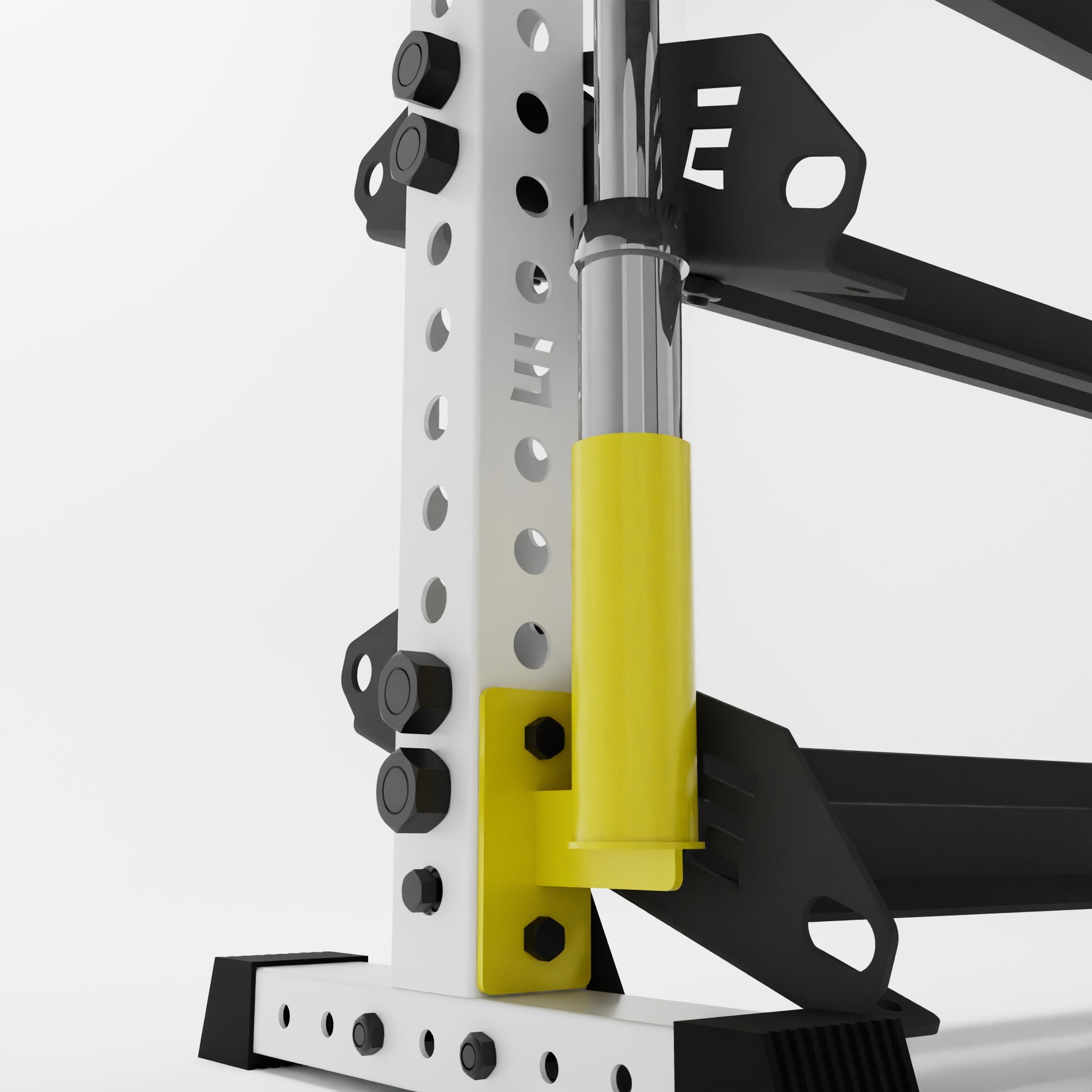 yellow barbell holder attachment for a 3x3 upright attached to a horizontal dumbbell rack