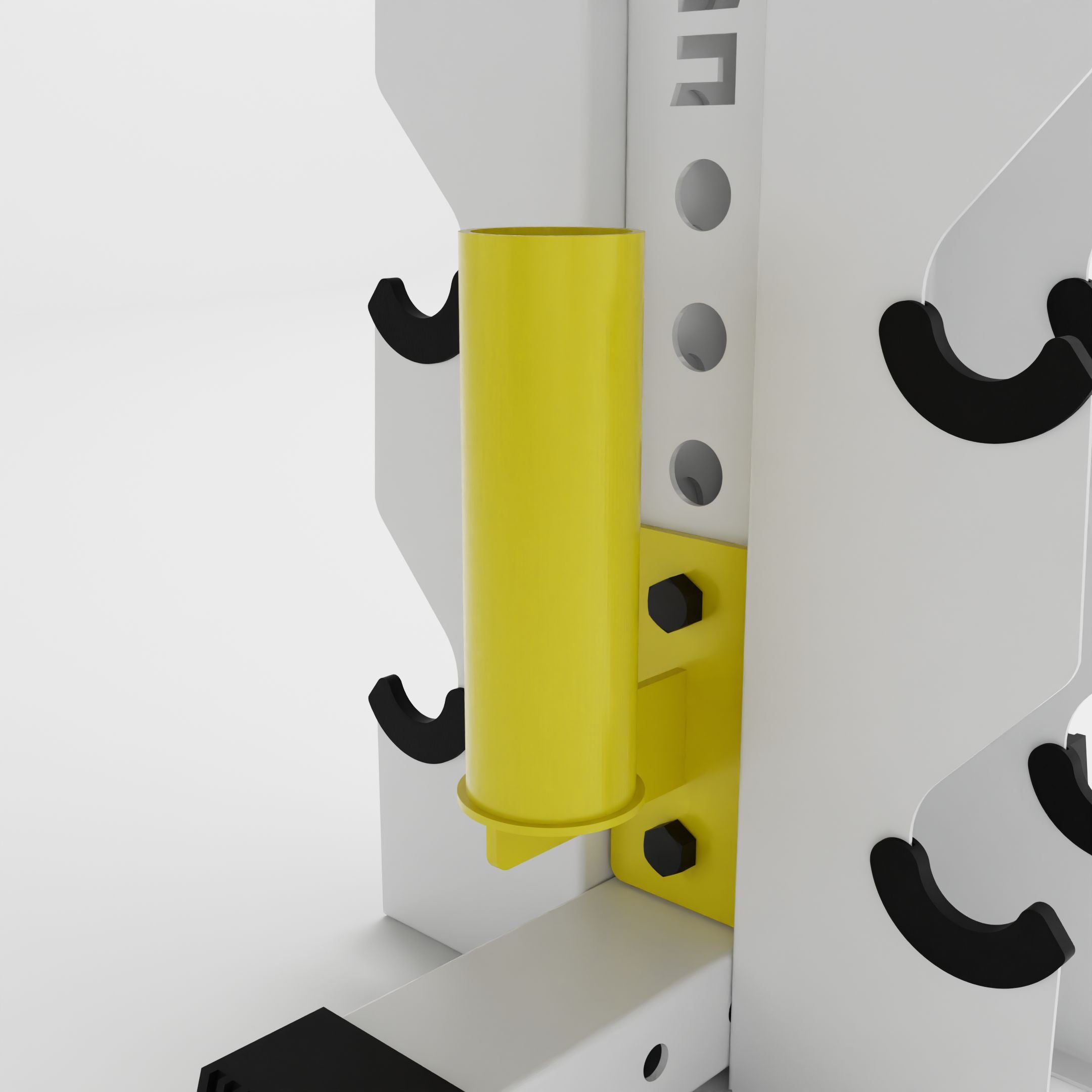 yellow barbell holder attachment for a 3x3 upright attached to a vertical dumbbell rack