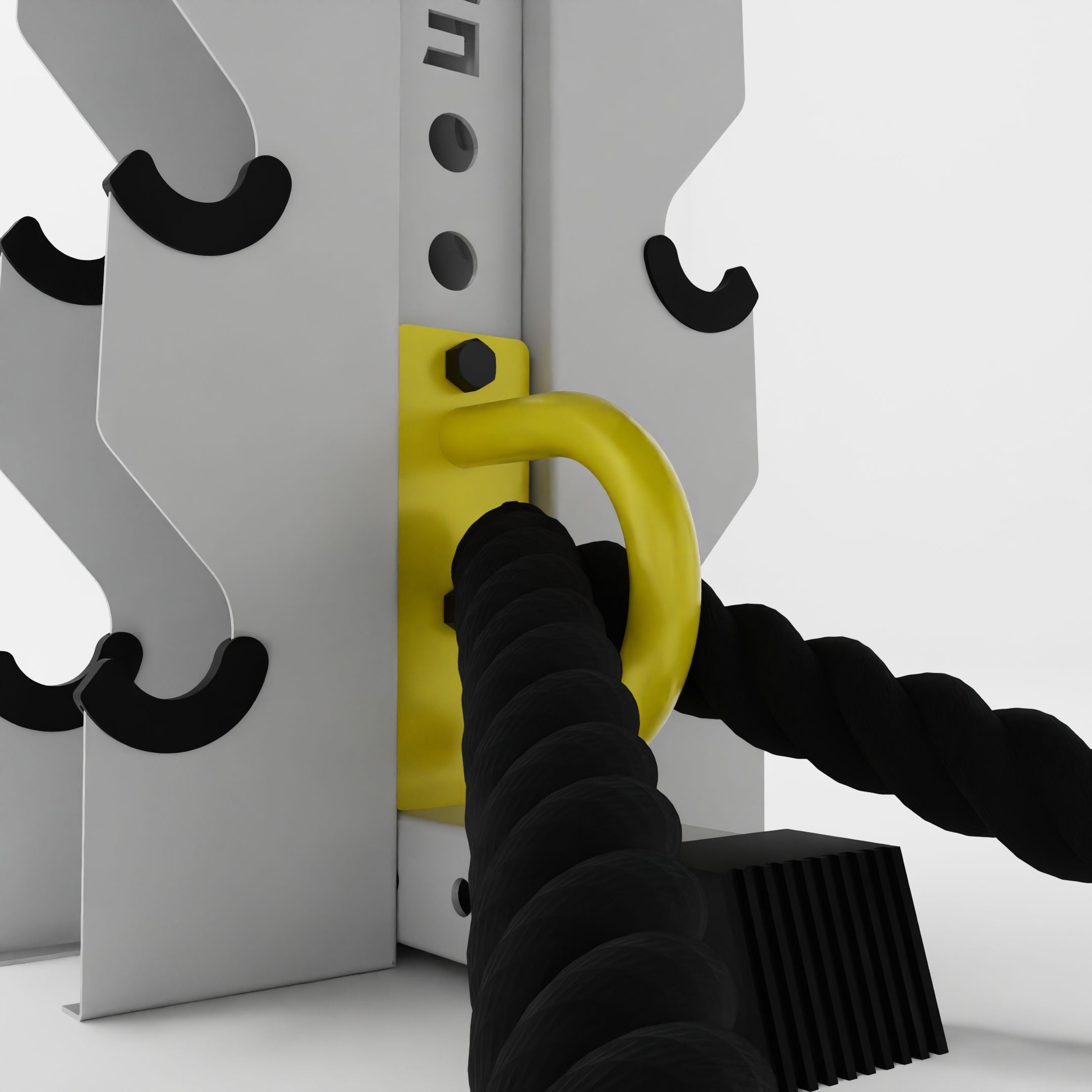 yellow battle rope anchor for a 3x3 upright holding a battle rope