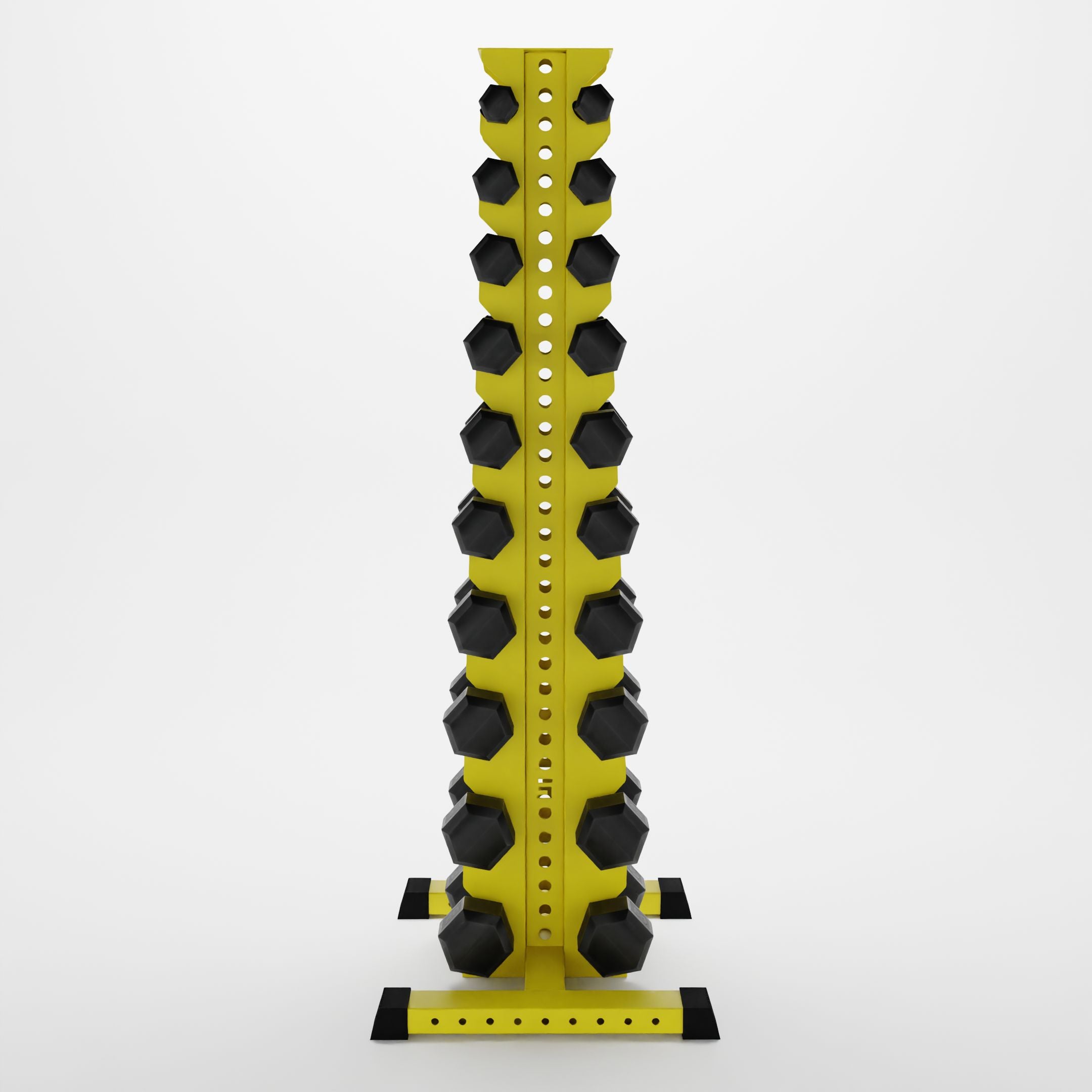 yellow delta 10-tier vertical dumbbell storage rack storing hex dumbbells