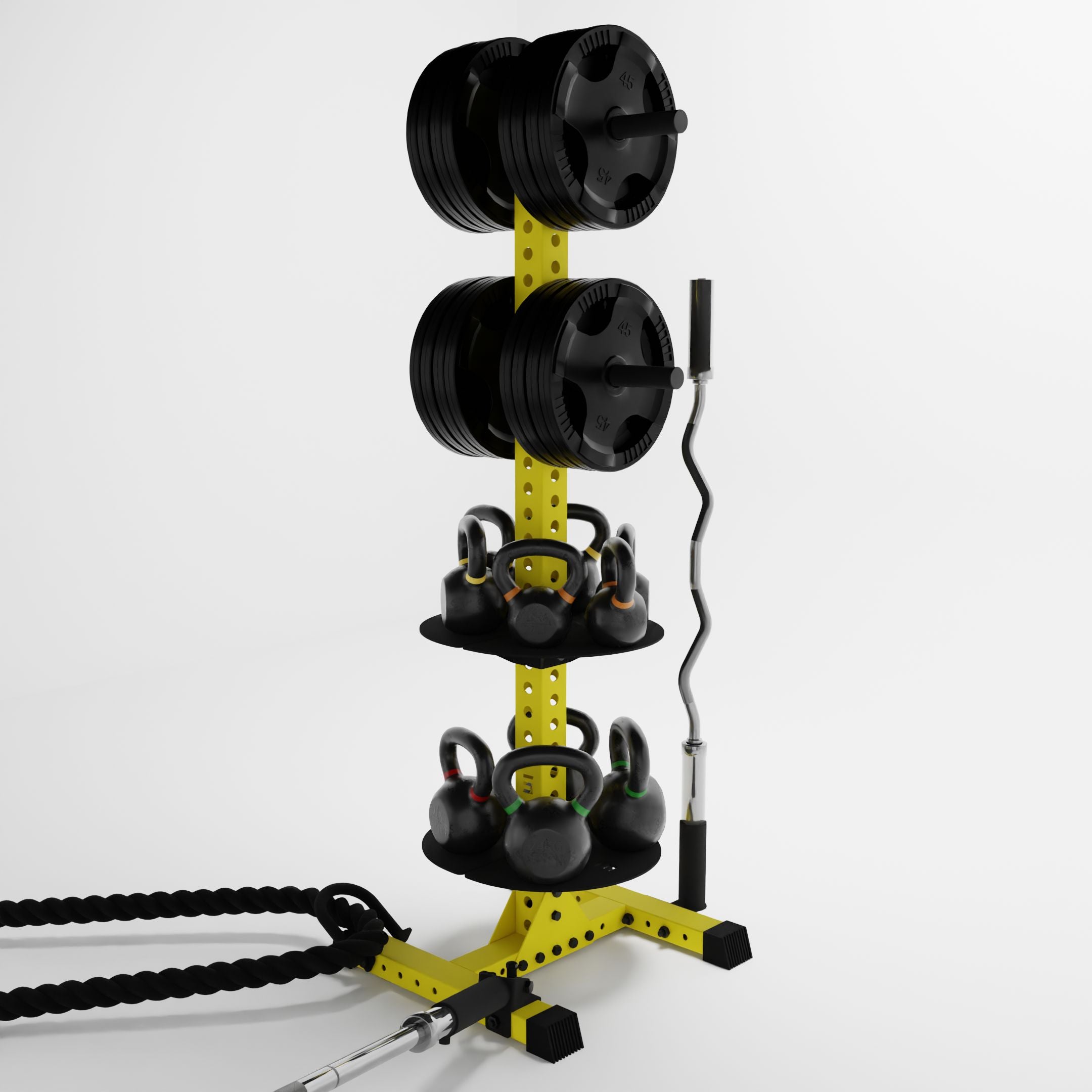 yellow delta pk vertical hybrid weight plate and kettlebell storage rack storing weight plates, kettlebells, barbells, and a battle rope using storage attachment accessories