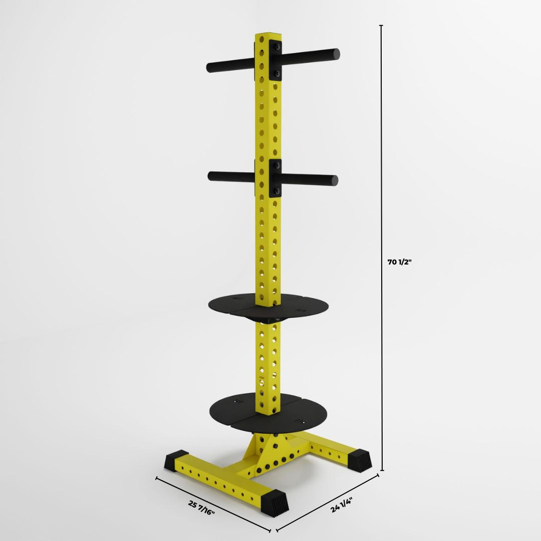 yellow delta pk vertical hybrid weight plate and kettlebell storage rack dimensions