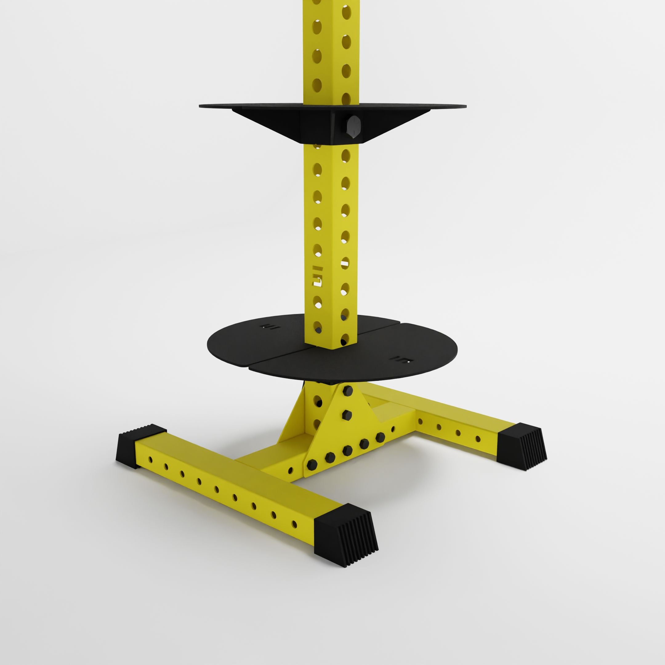 yellow delta pk vertical hybrid weight plate and kettlebell storage rack base