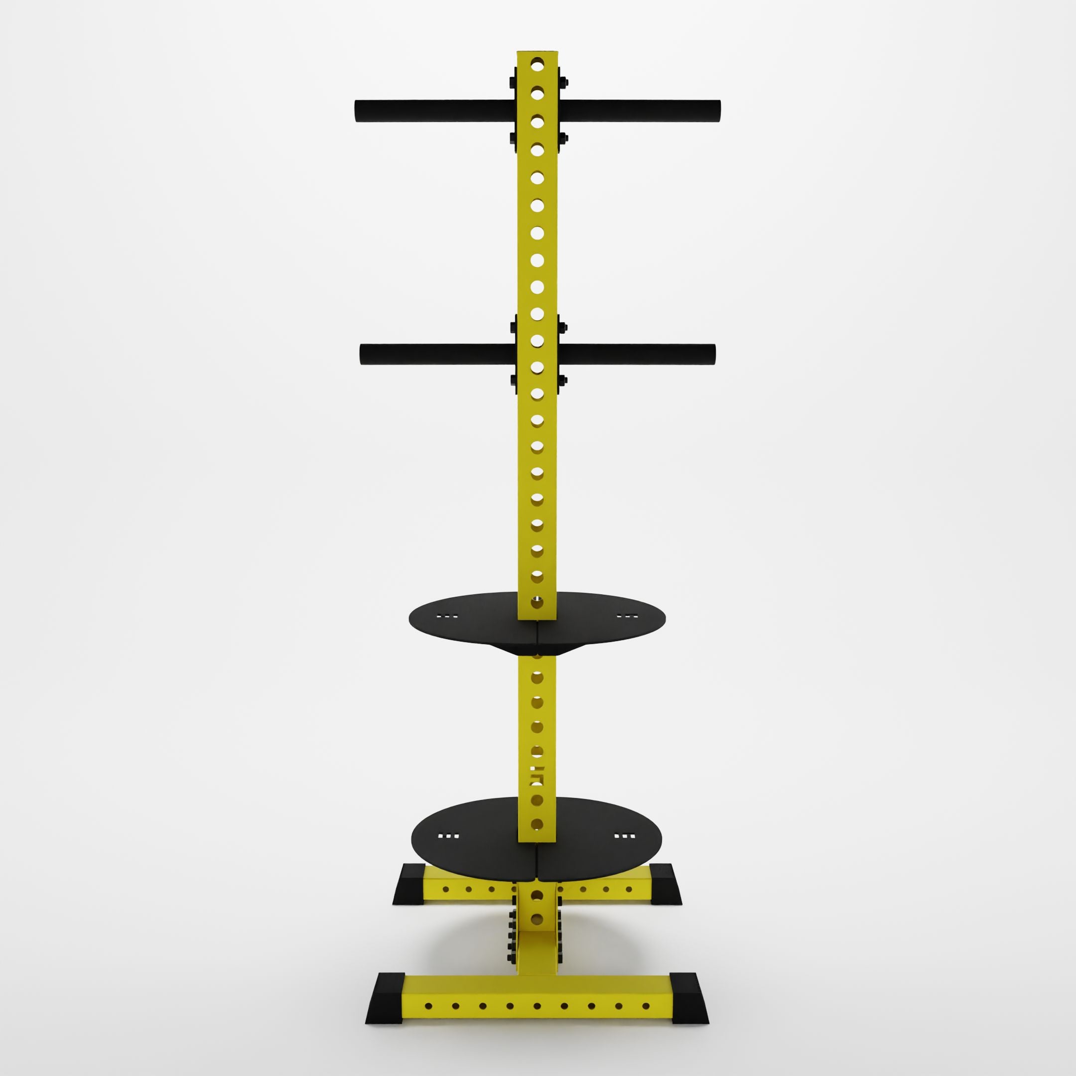 yellow delta pk vertical hybrid weight plates and kettlebell storage rack