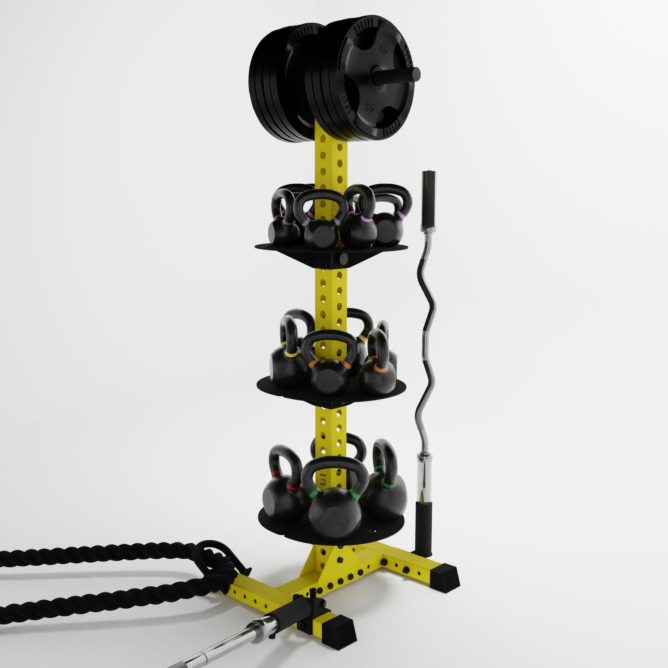 yellow delta pk vertical hybrid weight plate and kettlebell storage rack storing weight plates, kettlebells, barbells, and a battle rope using storage attachment accessories