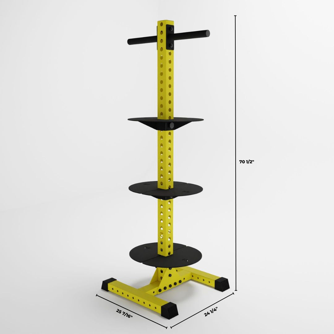 yellow delta pk vertical hybrid weight plate and kettlebell storage rack dimensions