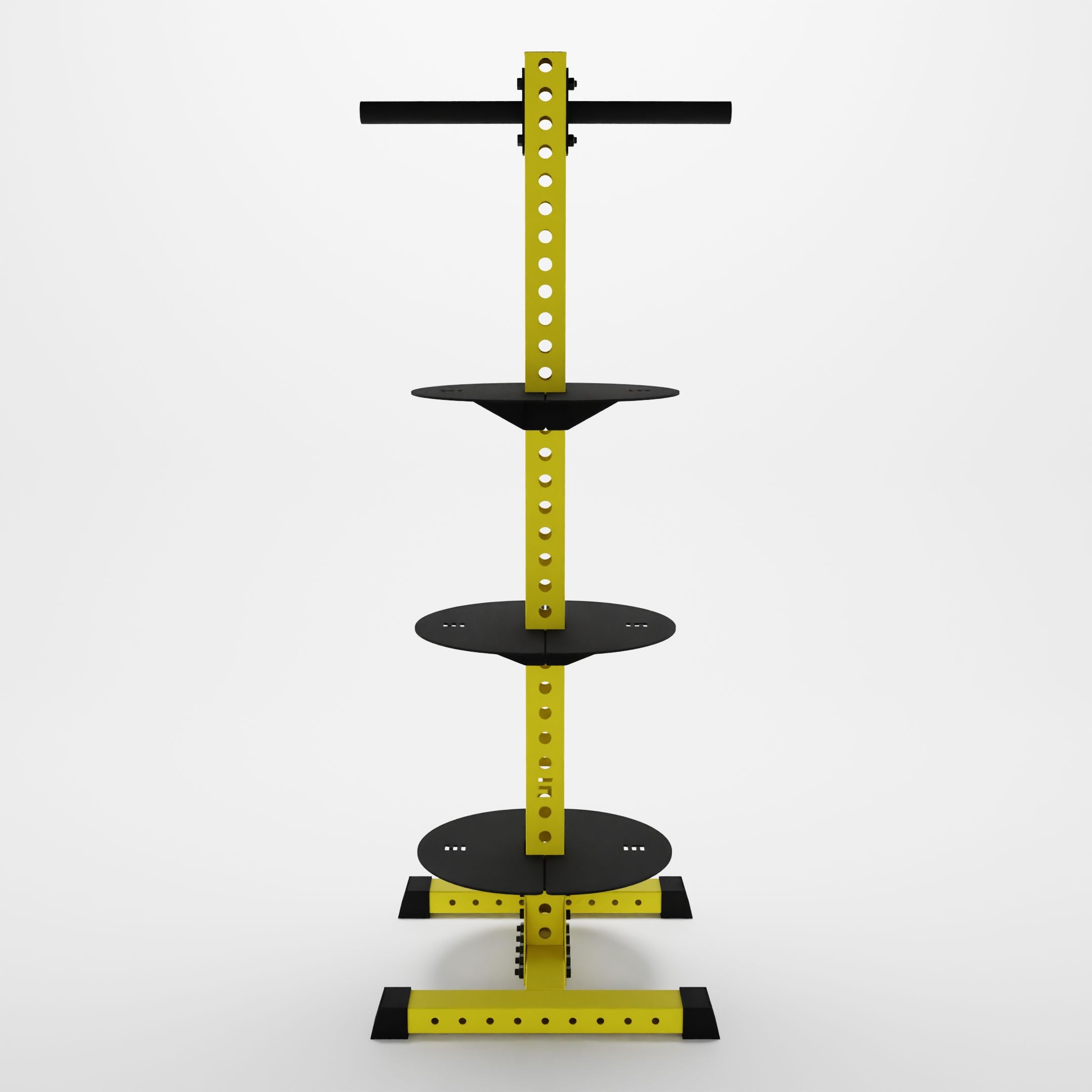 yellow delta pk vertical hybrid weight plate and kettlebell storage rack