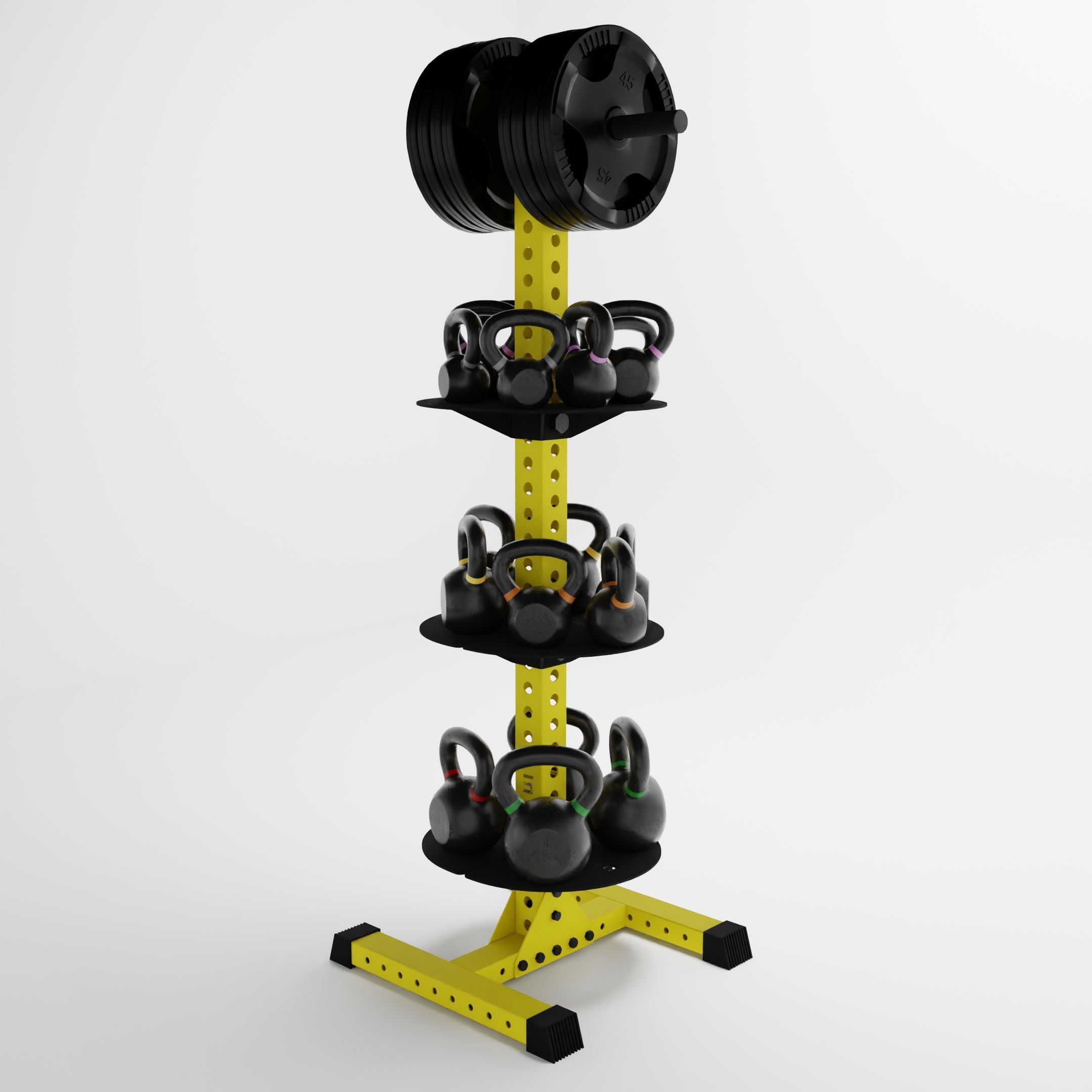 yellow delta pk vertical hybrid weight plate and kettlebell storage rack storing weight plates and kettlebells side view