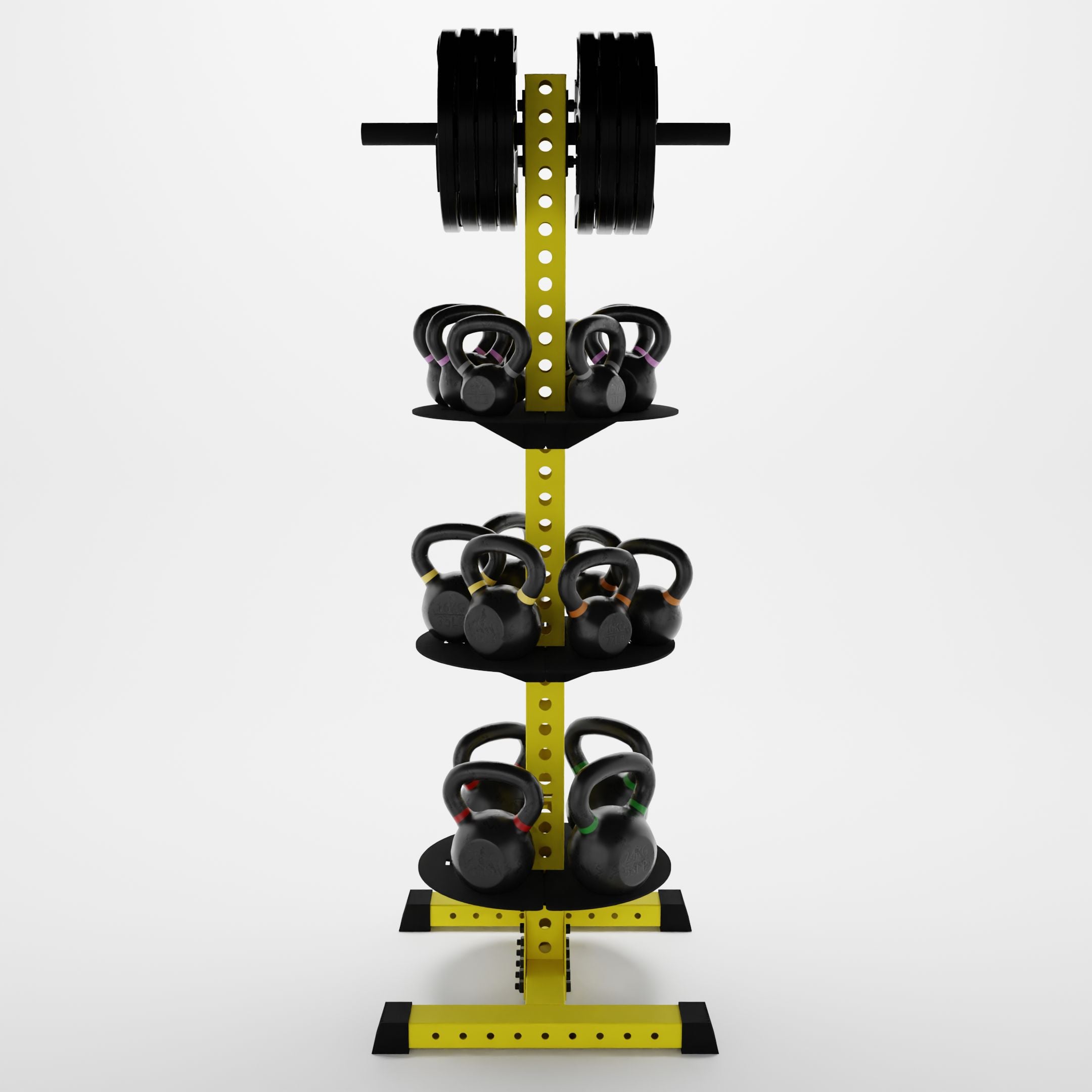yellow delta pk vertical hybrid weight plate and kettlebell storage rack storing weight plates and kettlebells