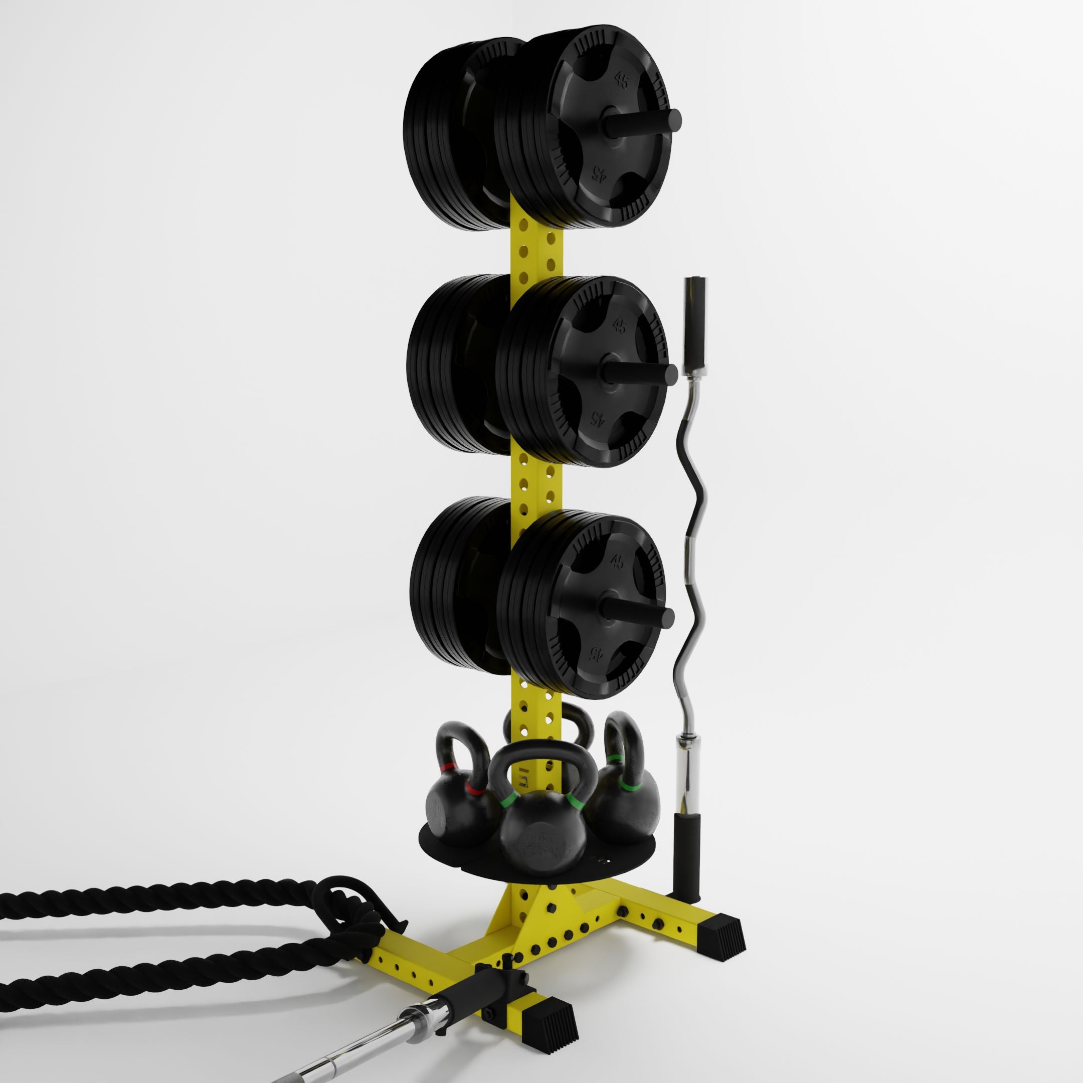 yellow delta pk vertical hybrid weight plate and kettlebell storage rack storing weight plates, kettlebells, barbells, and a battle rope using storage attachment accessories