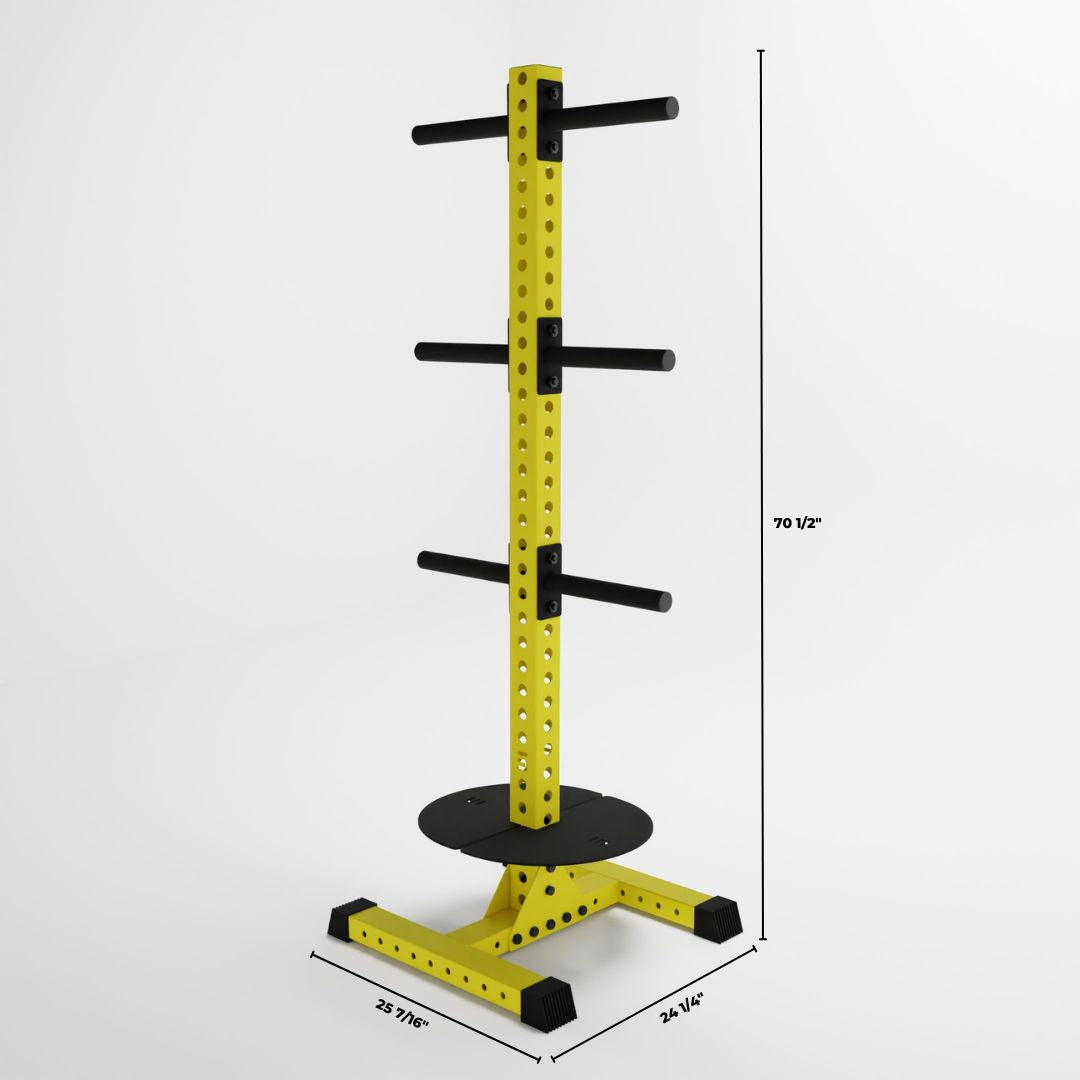 yellow delta pk vertical hybrid weight plate and kettlebell storage rack dimensions