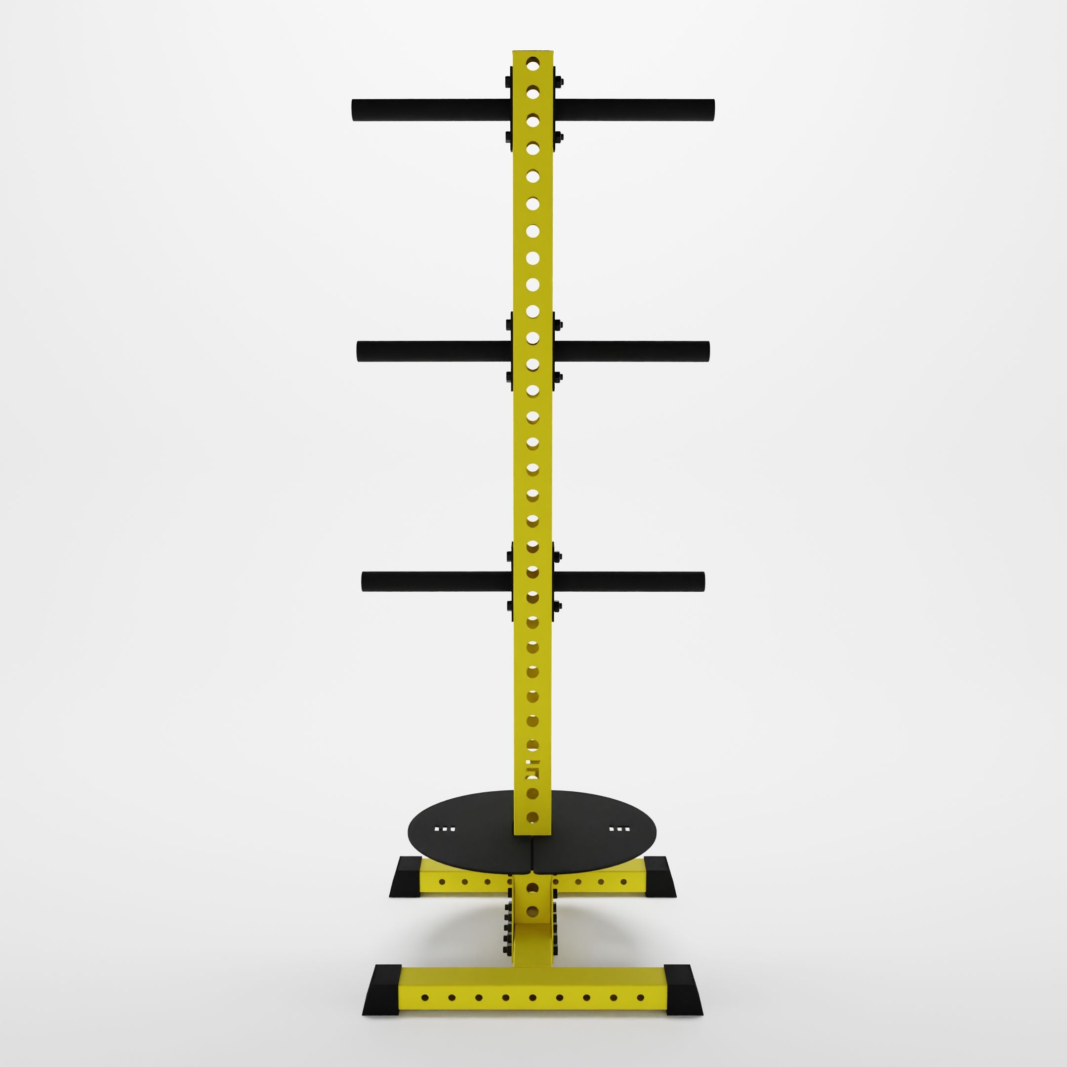 yellow delta pk vertical hybrid weight plate and kettlebell storage rack