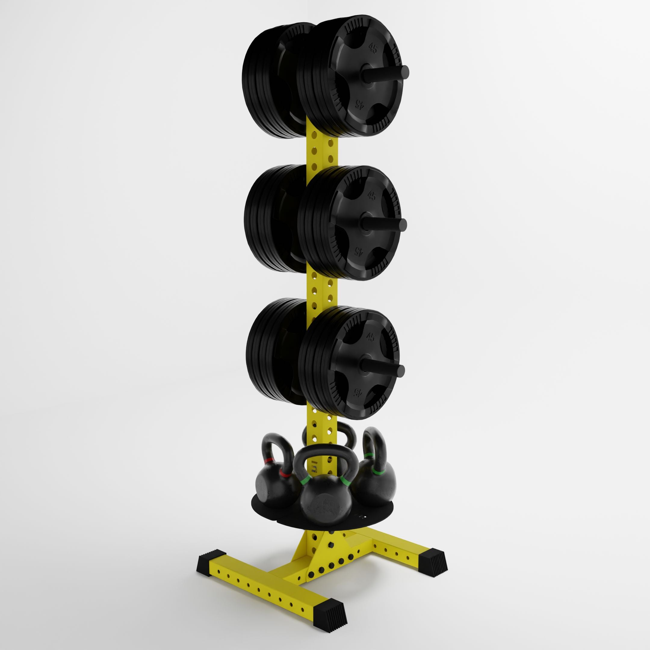 yellow delta pk vertical hybrid weight plate and kettlebell storage rack storing weight plates and kettlebells side view