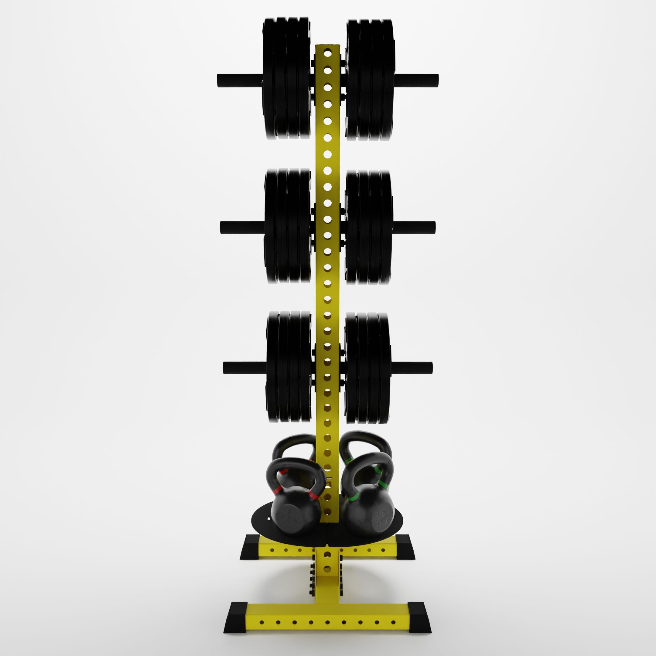 yellow delta pk vertical hybrid weight plate and kettlebell storage rack storing weight plates and kettlebells