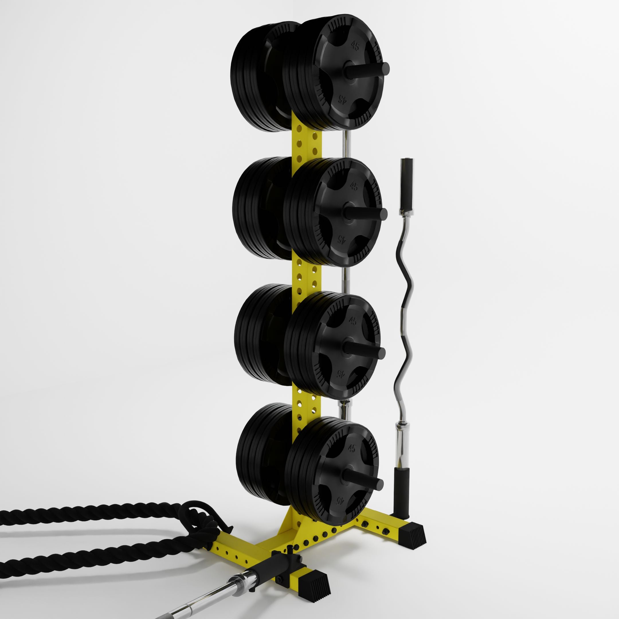 yellow delta 4-tier vertical weight plate tree storing weight plates, barbells, and a battle rope using storage attachment accessories